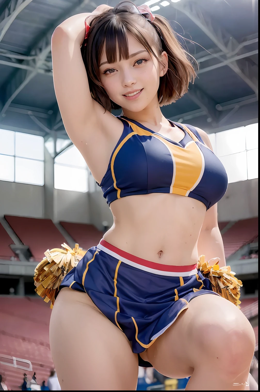 ((Best Quality, 8k, photo realistic:1.4, Masterpiece)), back Lighting, highly detailed facial textures women, 18yo, (((bule Cheerleader:1.2))), ((Stadium Background: 1.2)), arm up, ultra-detailed skin, beautiful make up, detailed eyes, smile, open mouth, shiny brown messy short hairstyles,