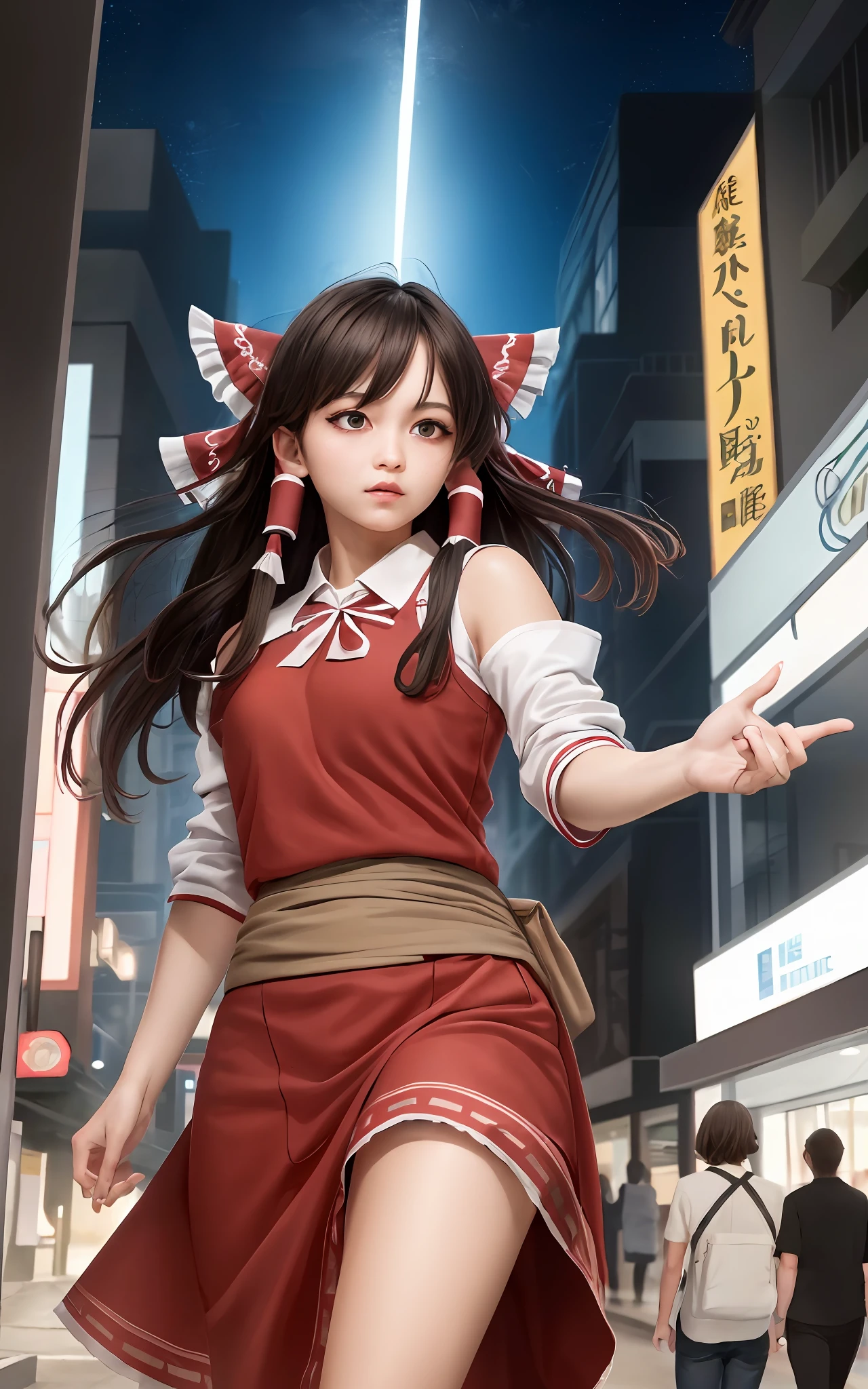 (masterpiece, best quality, ultra-detailed, highres:1.2), cinematic, cgi, photorealistic, 
1girl, pretty, idol, (Hakurei Reimu:1.25), blush, natural skin texture, brown eyes, 
intricate eyes, heavy eye makeup, posture, fighting, danmaku, magic, stylish clothes, dress, 
highly detailed background, cyberpunk, city, street, night, stars, modern, futuristic, neon lights,