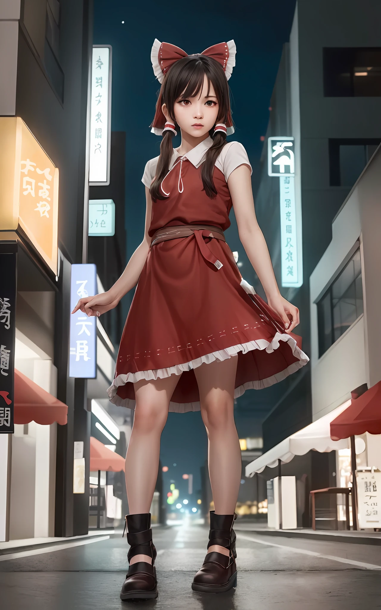 (masterpiece, best quality, ultra-detailed, highres:1.2), cinematic, cgi, photorealistic, 
1girl, pretty, idol, (Hakurei Reimu:1.25), blush, natural skin texture, brown eyes, 
intricate eyes, heavy eye makeup, posture, fighting, danmaku, magic, stylish clothes, dress, 
highly detailed background, cyberpunk, city, street, night, stars, modern, futuristic, neon lights,