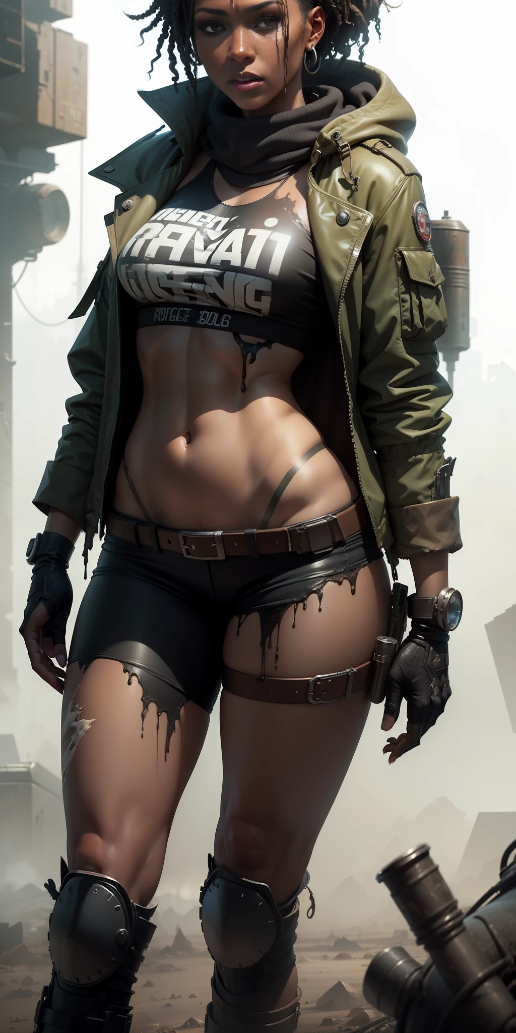 image of black woman, standing, with body paint dripping down, female character concept art, detailed, Fallout concept, female character art, Post-apocalyptic, ((white background)), postapocalyptic explorer, female diesel punk, body hyperdetailed integer, artstaion