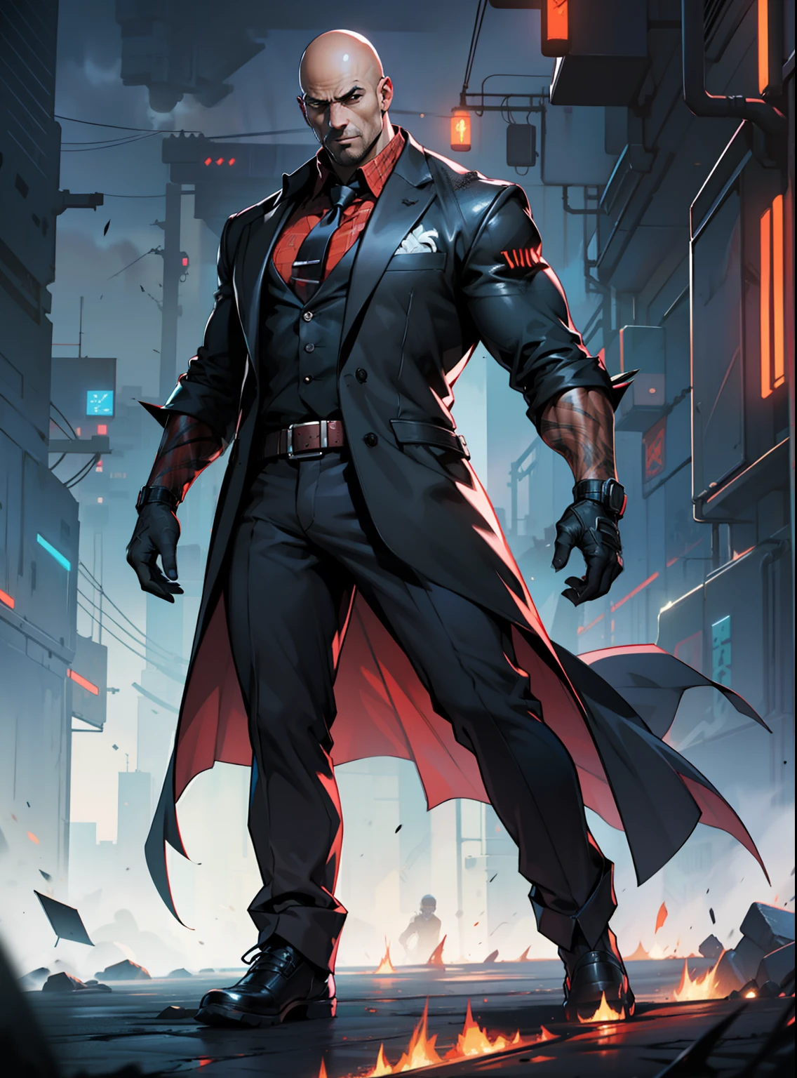 character sheet, full body, fred krueger in black suit and red tie, looking to the cammera, imponent, lord, governor, president, boss, cyberpunk black suit, bald, burned skin face, intricate detail, high detail, full color, perfect anatomy, centered, approach to perfection, 4k , cinematic dramatic atmosphere, artstation, concept art, fluid and sharp focus, volumetric lighting, cinematic lighting