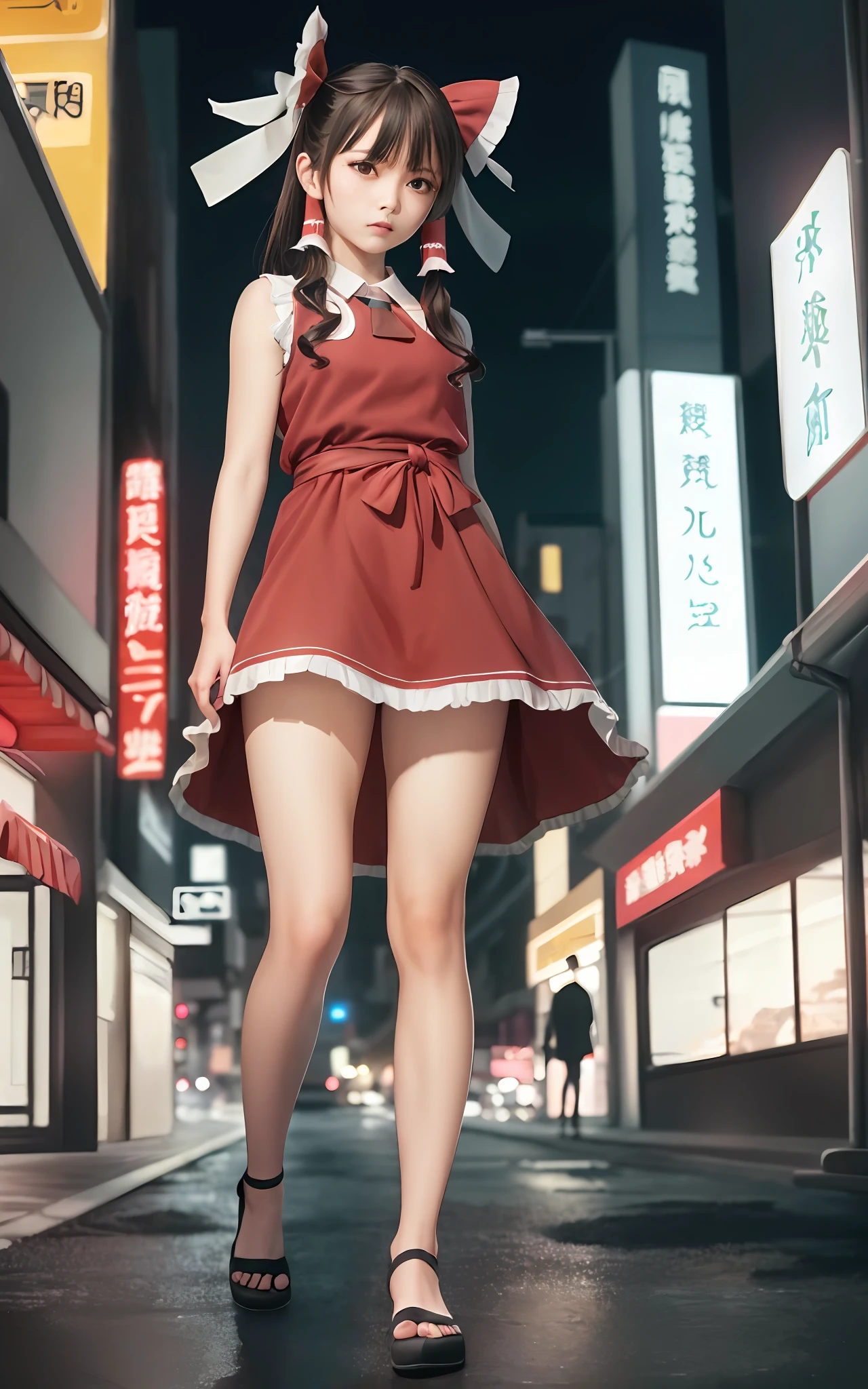 (masterpiece, best quality, ultra-detailed, highres:1.2), cinematic, cgi, photorealistic, 
1girl, pretty, idol, (Hakurei Reimu:1.25), blush, natural skin texture, brown eyes, 
intricate eyes, heavy eye makeup, posture, fighting, danmaku, magic, stylish clothes, dress, 
highly detailed background, cyberpunk, city, street, night, stars, modern, futuristic, neon lights,