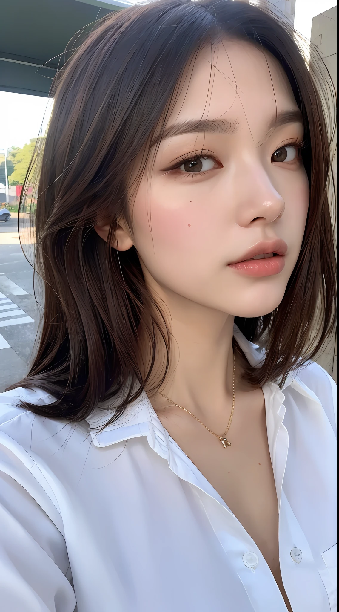 ((Best Quality, 8K, Masterpiece: 1.3)), Sharp: 1.2, Perfect Body Beauty: 1.4, Slim Abs: 1.2, ((Layered Hairstyle, Big Breasts: 1.2)), (Wet White Button Long Shirt: 1.1), (Rain, Street: 1.2), Wet: 1.5, Highly detailed face and skin texture, detailed eyes, double eyelids, side face looking at the camera