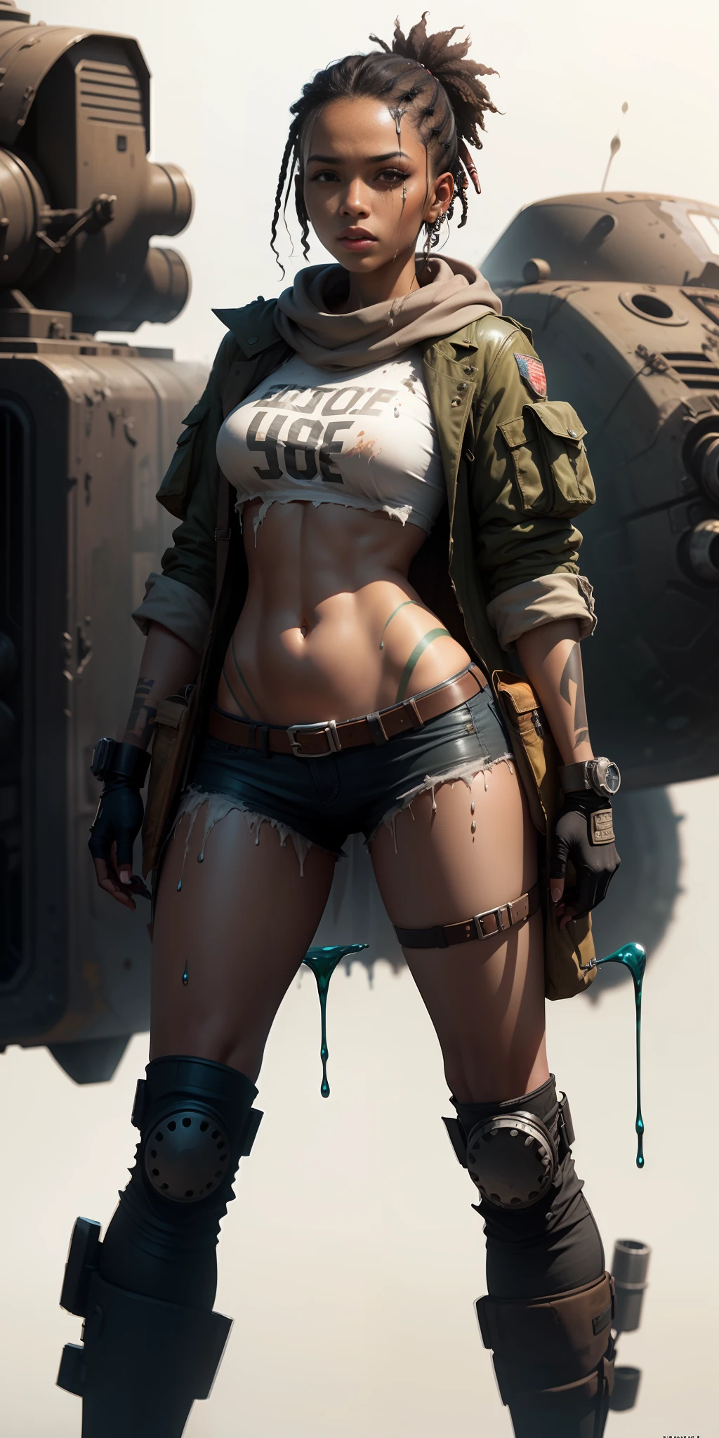 image of black woman, standing, with body paint dripping down, female character concept art, detailed, Fallout concept, female character art, Post-apocalyptic, ((white background)), postapocalyptic explorer, female diesel punk, body hyperdetailed integer, artstaion