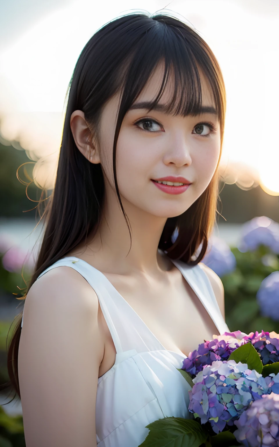 Hydrangea foreground, bokeh, photorealistic, surrounded by hydrangeas, background colorful hydrangeas, smiling, (1 girl), (sunset: 1.3), (8k, RAW photography, best quality, masterpiece: 1.2), (realistic, photorealism: 1.37), best quality, ultra high resolution, (focus plane: 1.8), (portrait surface: 1.7), (intense: 1.1), (detail(Analog : 1.2), (High Clarity), Canon EOS R6, 135mm, 1/1250s, f/2.8, ISO 400, (Summer Dress: 1.4), (Standing in a Flower Garden: 1.3), (Bright and Colorful: 1.3)