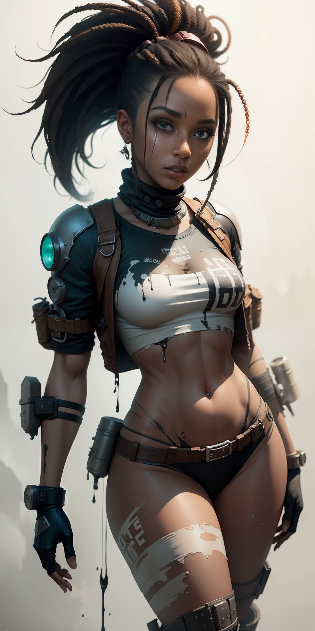 image of black woman, standing, with body paint dripping down, female character concept art, detailed, Fallout concept, female character art, Post-apocalyptic, ((white background)), postapocalyptic explorer, female diesel punk, body hyperdetailed integer, artstaion