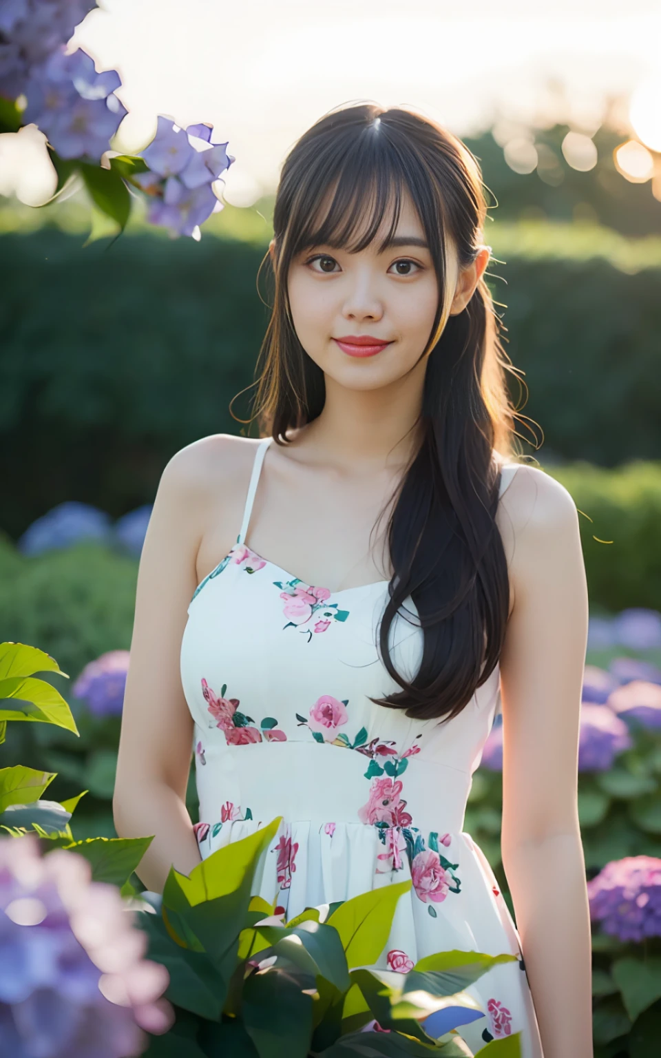 Hydrangea foreground, bokeh, photorealistic, surrounded by hydrangeas, background colorful hydrangeas, smiling, (1 girl), (sunset: 1.3), (8k, RAW photography, best quality, masterpiece: 1.2), (realistic, photorealism: 1.37), best quality, ultra high resolution, (focus plane: 1.8), (portrait surface: 1.7), (intense: 1.1), (detail(Analog : 1.2), (High Clarity), Canon EOS R6, 135mm, 1/1250s, f/2.8, ISO 400, (Summer Dress: 1.4), (Standing in a Flower Garden: 1.3), (Bright and Colorful: 1.3)