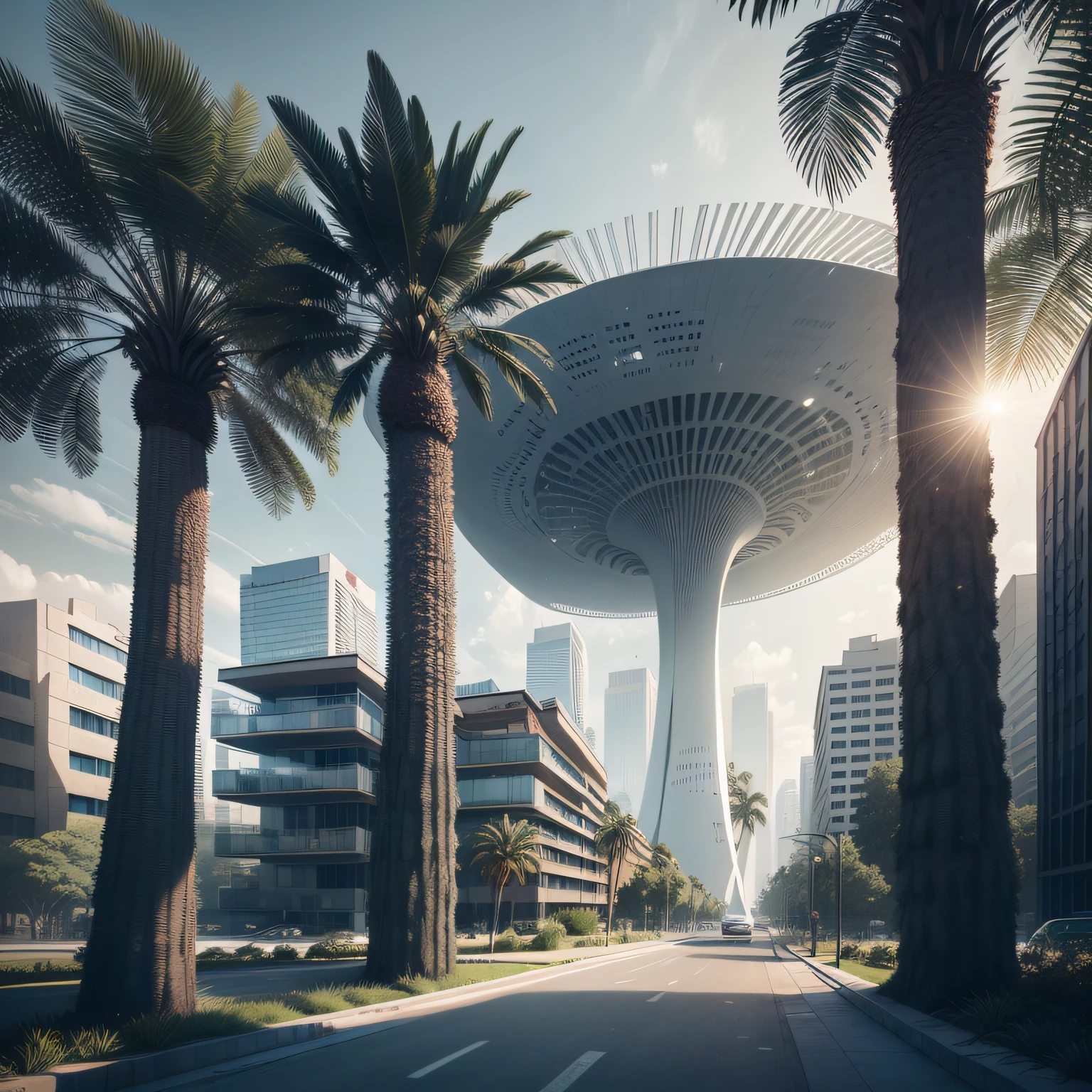 Futuristic architecture, arquitetura premiada, skyscraper architectureCity, photographic style, Rendering, Alameda de plane trees, Highly detailed dream building in the architectural styles of Oscar Niemeyer and Ernst Haeckel :: arquiteturacore :: High contrast wide avenue in front full of trees, palmeiras, dwarf palms