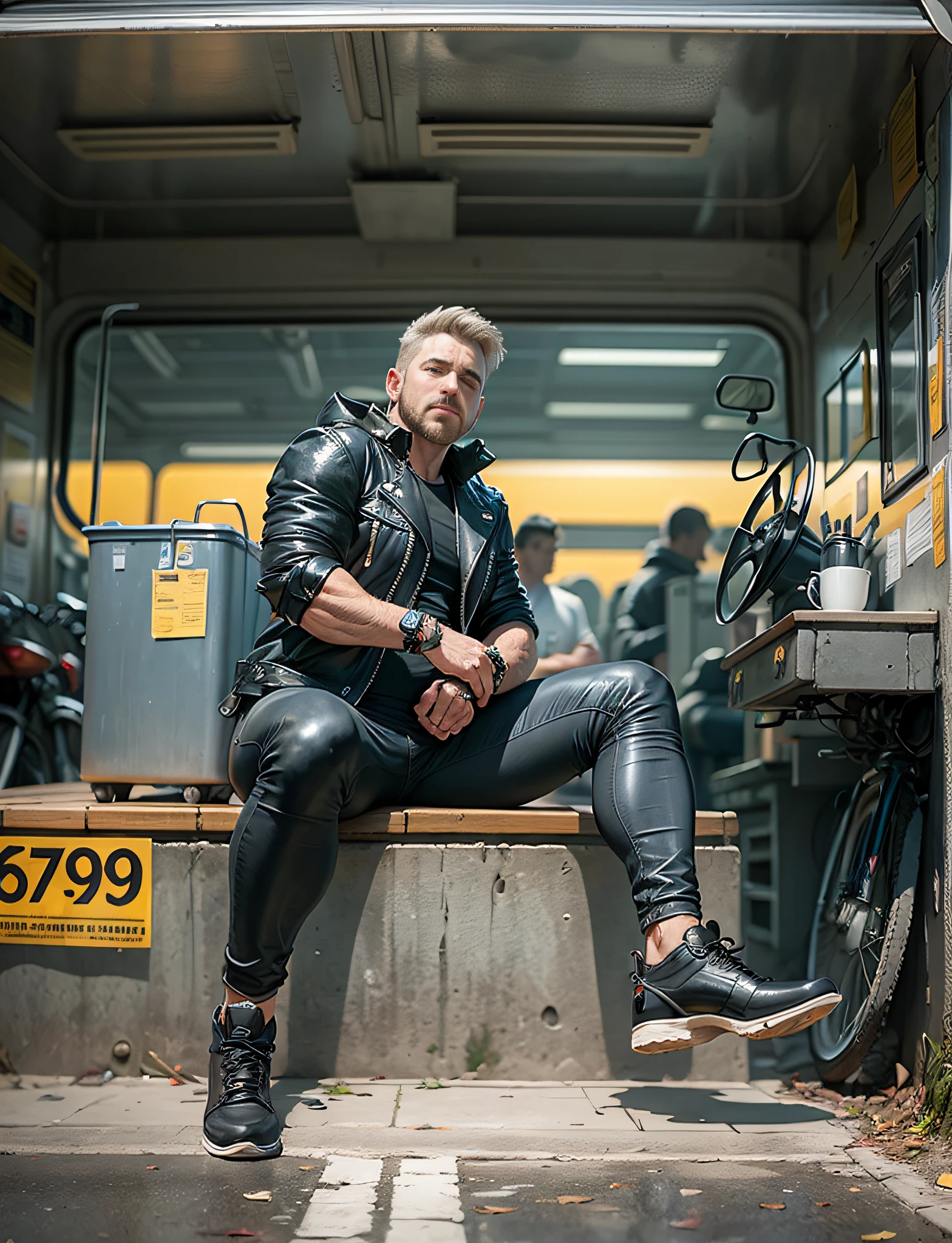 Um retrato fotografia de corpo inteiro Um motorista de caminhoneiro pesado de meia idade atrativo, Russel Crowe, musculoso, cabelo curto, jaqueta de couro , fisiculturista de barriga grande, black leather pants, epic realistic, foto, desbotado, cores neutras, ((((hdr)))), cores mudas, cena cyberpunk, detalhes intrincados, vinheta --auto --s2