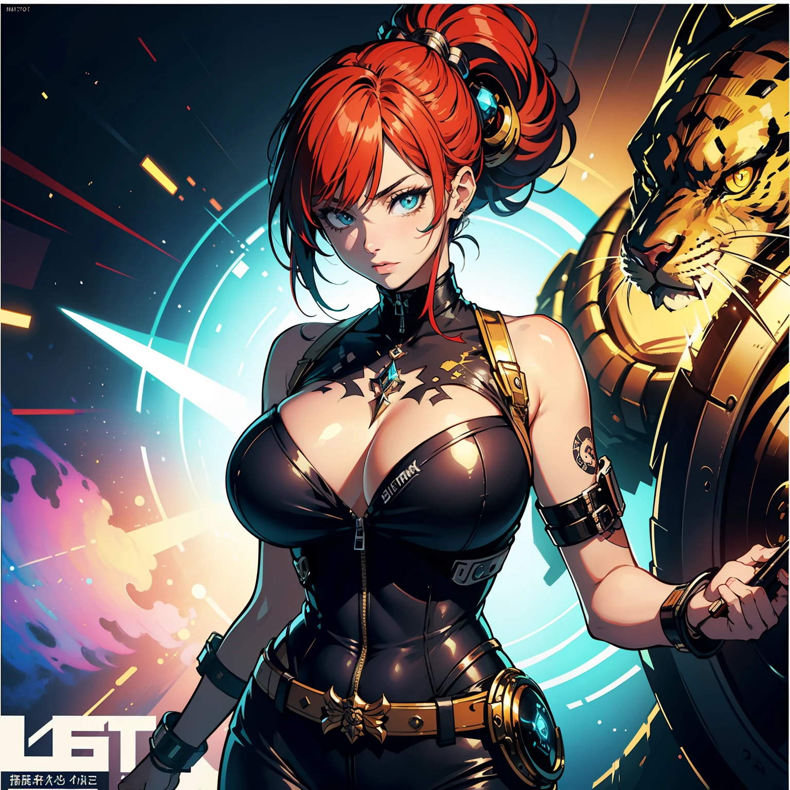 background, misto-language_text, letras japonesas em graffit ,garotas, long gradient red hair, excellent lighting, sidelighting, perfeito ultimate (cor plana: 1.3), (magazine_cover: 1.4), (multicolored_background: 1.3), striped_background, card_background, :: discs with sharp, shiny blades in hand :: circular pieces of white metals glued to the ultra detailed arms coming out of shimmering glow, desenho de estrela negra estampada no meio da camisa , perfeita e detalhada, camisa ultra detalhado com desenho abstrato e com estampa de letras japonesas em grafit dos lados da roupa, imagem de garotas com big breast, accompanied by an ultra-detailed cyborg lion, com efeitos imersivos, efeito pairar, fundo estilo grafite tatuagem tribal com flores e cores vibrantes, "hdr ultra" detalhadas e com efeito de foco, (obra-prima: 1.2, melhor qualidade), (beautiful eyes with huge finely detailed eyelashes: 1.2), , ((Solo)), (Olhos finamente detalhados e rosto detalhado :1.3), in various full-body attack poses, (fundo bonito : 1.2),traje futurista, Super detailed circular metals Grabbed on the arms and pants, Fantastic paintings