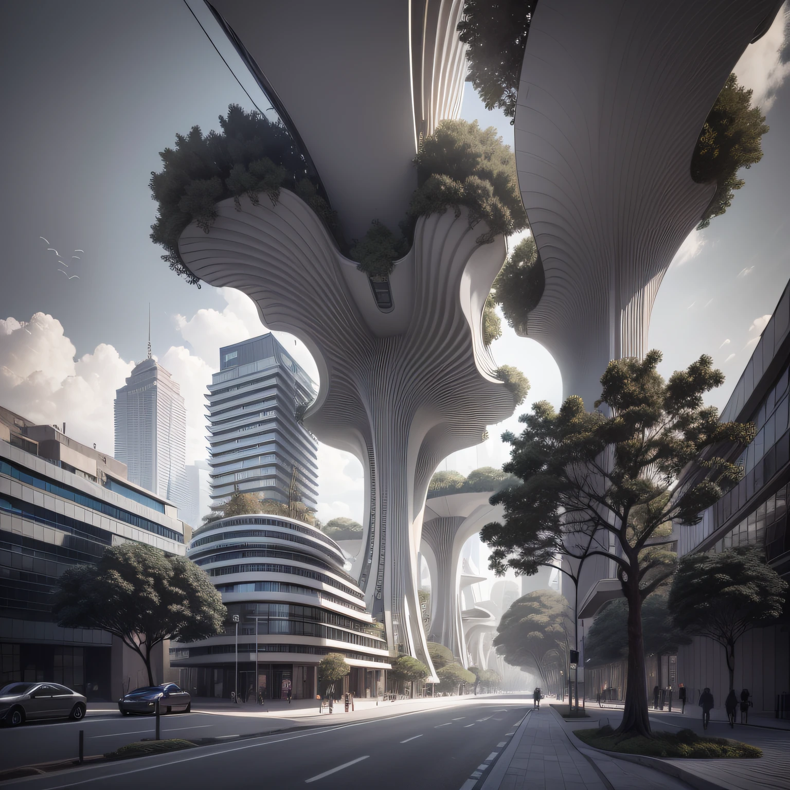 Futuristic architecture, arquitetura premiada, skyscraper architectureCity, photographic style, Rendering, Alameda de plane trees, Highly detailed dream building in the architectural styles of Oscar Niemeyer and Ernst Haeckel :: arquiteturacore :: High contrast wide avenue in front full of trees, palmeiras, dwarf palms