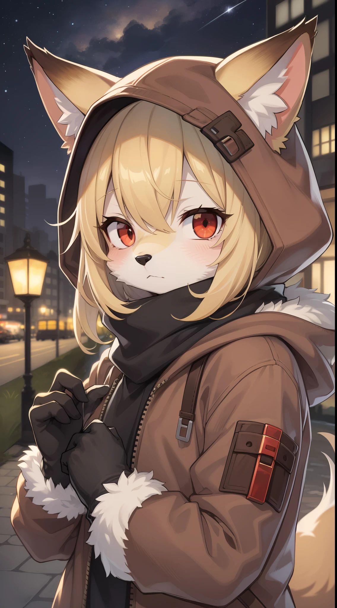 Fox Boy，Boy，was hairy，shaggy，Smoothes lashes，Skin fur，Golden fur，Short hair in men，Forelimb hands， solid circle eyes，Golden ears，Golden face fur , Short blonde hair，Red eyes，Super cute face，Brown elements on fur，Brown hooded jacket brown hood up，Ambient light，Ultra-fine fur，volumettic light，Night,natural day light，fox tails，Fluffy tail，furries wearing tails，Big tail，nevando，Night，starry skies，seawall，crossed bangs, hair strand, Shiny hair，gloom (expression)，sulking，Open your mouth slightly，Empty eyes，Sleepy，dark circles，35mm，sharp talons。High quality, high detailled, Best quality, Ultra HDR， Dark brown gloves，Red diamond scarf，独奏
