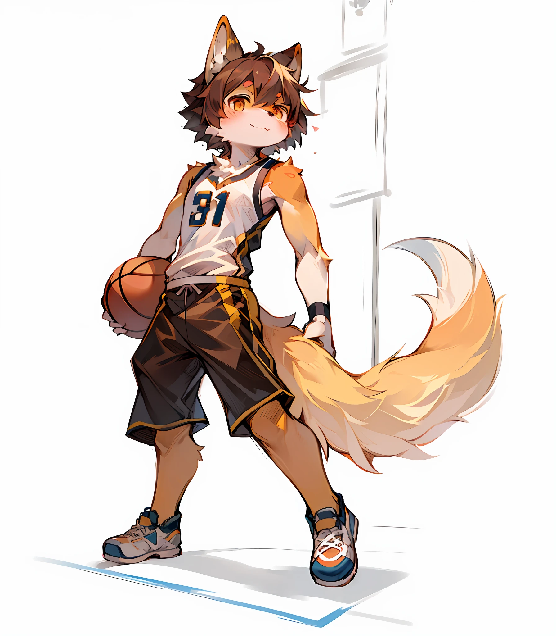 The Masterpiece,high qulity,Ridiculous resolution,digitally painting\(artworks\),Dagasi,Yupa,Kiyosan,(Fluffy fur:1.1),(luminance:0.8),anthro male wolf。 (Orange eyes,Orange-yellow fur,Full Body Furry,wolf snout:1.2),Bright eye,the panorama,Character focus。detailedbackground,(Orange basketball jersey,dribbble,Playing the Basketball:1.2),(basketball court: 1.2)