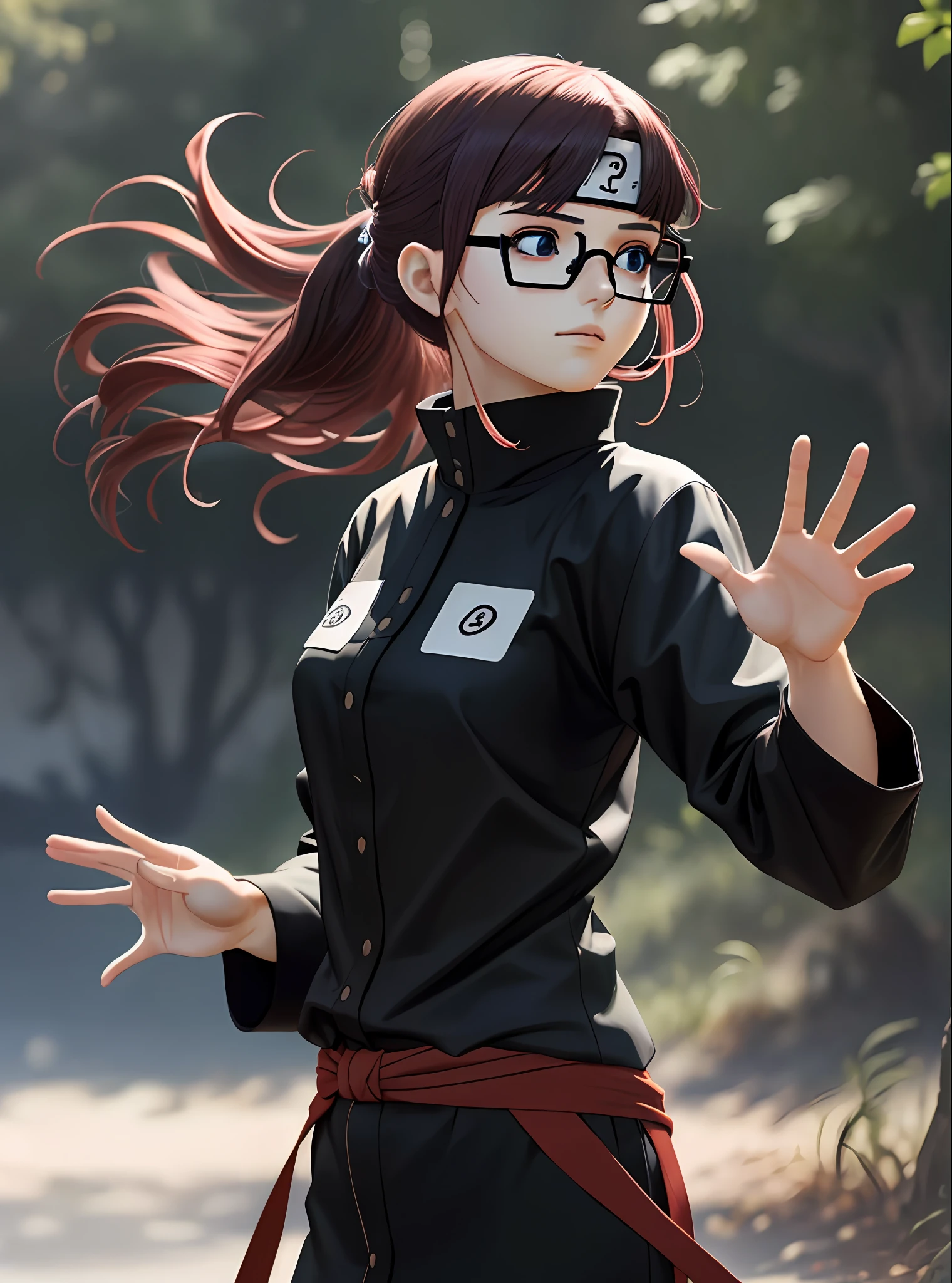 Estilo anime, 3d, mulher, 27 anos, morena, olhos castanhos. Purple glasses, cabelo na altura dos ombros, vestindo camiseta de banda, jaqueta de couro preta, brincos de argola e gargantilha. Cabelo preso, olhando de frente, hands forming a Naruto jutsu.