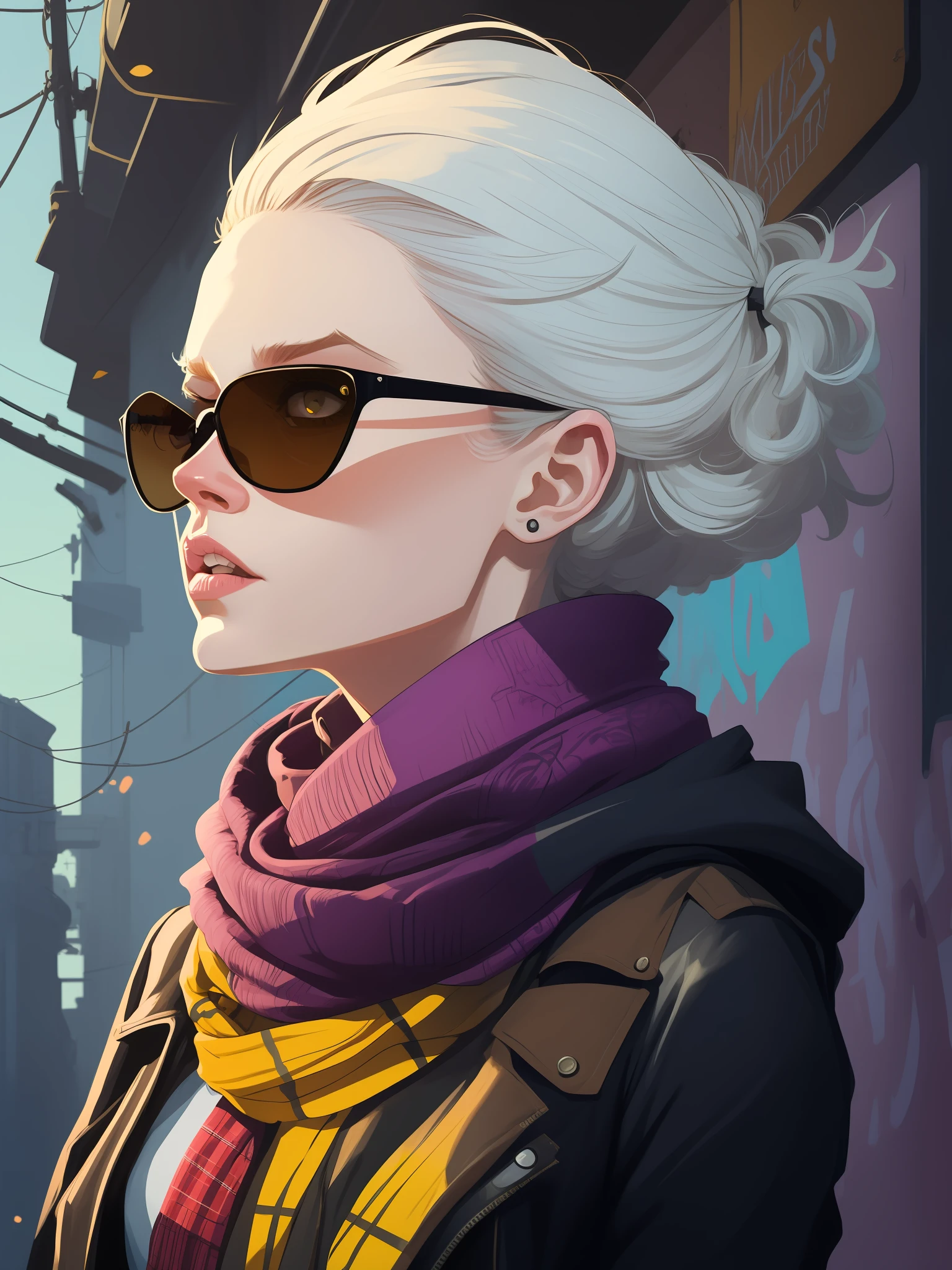 highly detailed portrait of a sewer emo punk woman student, blue eyes, sunglasses, tartan scarf, white hair by atey ghailan, by greg rutkowski, by greg tocchini, by james gilleard, by joe fenton, by kaethe butcher, gradient yellow, black, brown and magenta color scheme, grunge aesthetic!!! graffiti tag wall background