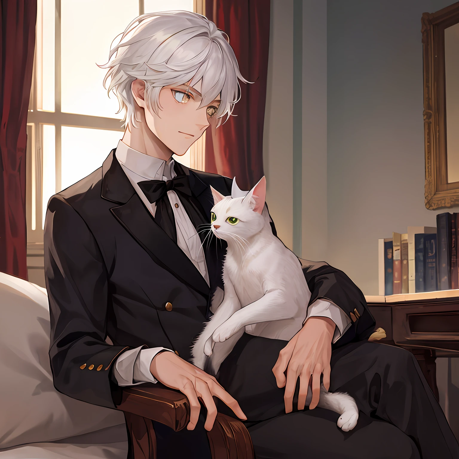 Boy with white hair, holding a cat, literary art, different pupils