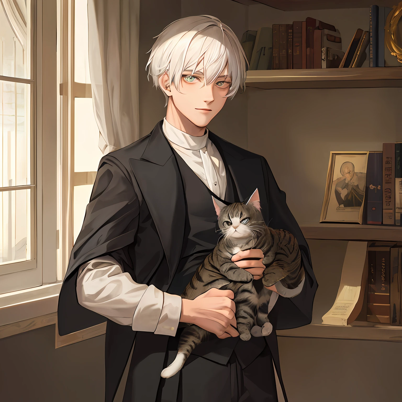 Boy with white hair, holding a cat, literary art, different pupils