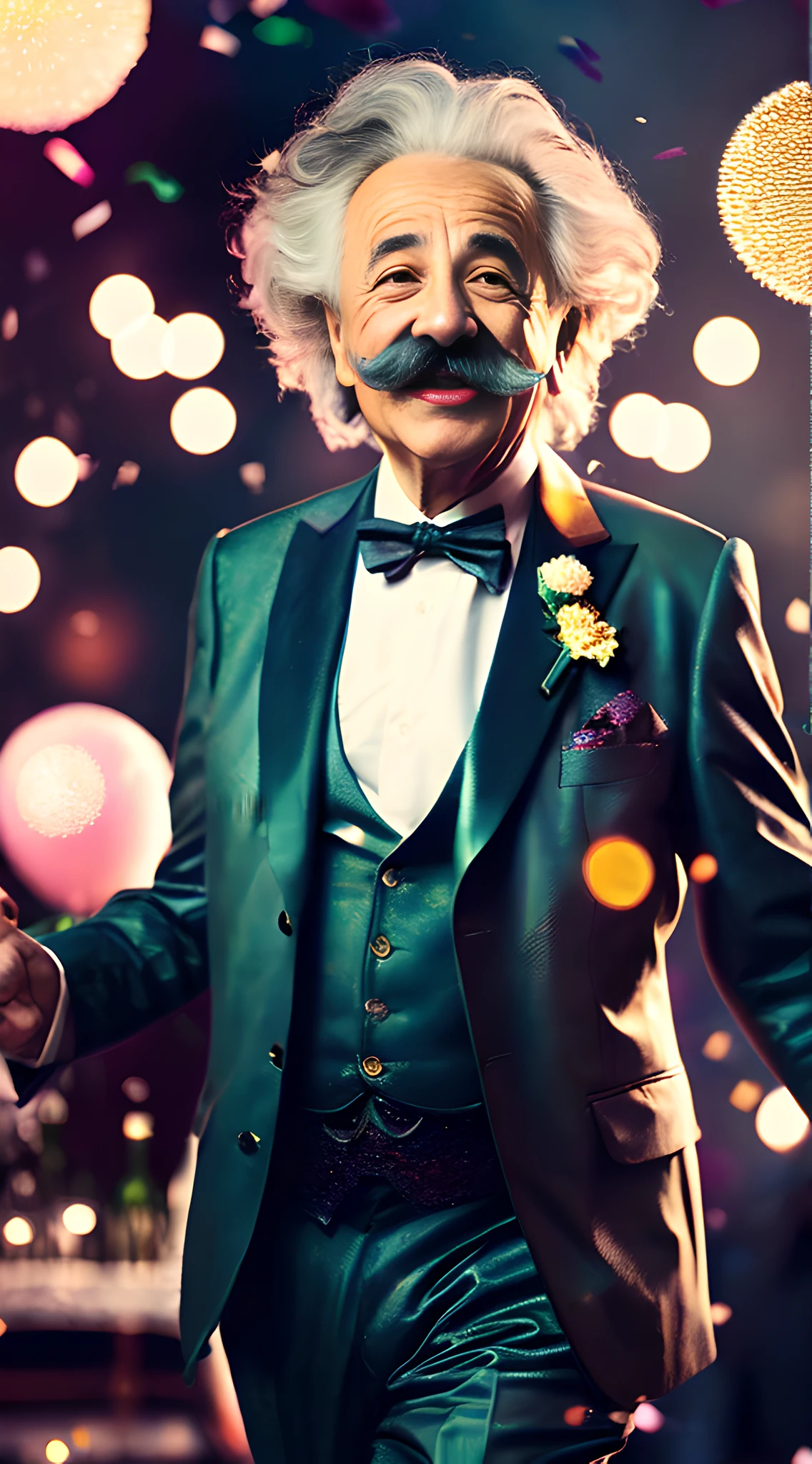 (masterpiece, 8K, UHD, vintage color photography:1.3), Albert Einstein, (distinctive bushy mustache:1.2), energetic eyes, in motion, fox-trot dance step, vintage suit, carnation lapel, bustling party background, laughter and conversation, draped party banners, sparkling confetti, (warm ambient light:1.2), saturated color palette, cheerful, full body shot, looking at viewer.