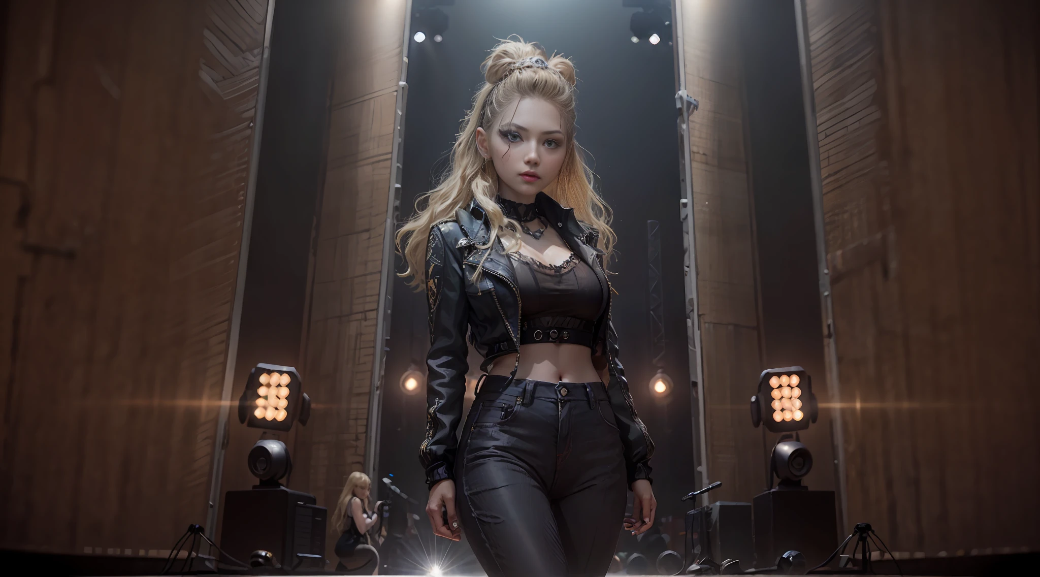 Araffed Woman in a Black Outfit no palco com um microfone, Lisa do Blackpink, se apresentando no palco, Lalisa Manoban do Blackpink, como se ela estivesse dançando, imagens do show, light smile, depth of field, cinematic lighting, ray tracing, reflection light, god rays, UHD, masterpiece, anatomically correct, textured skin, super detail, 16k, award winning, best quality --auto