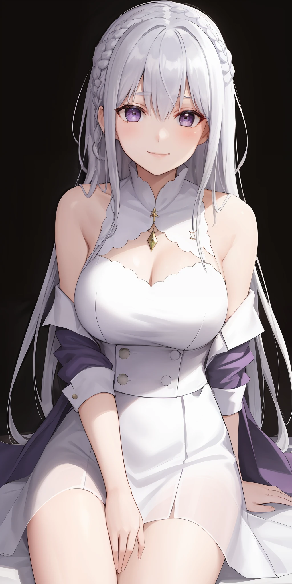 best possible quality，highly detaild，The Masterpiece，ultra - detailed，（fidelity：1.2），1girl with big breasts，（white background），simple Backgrounds，exquisite eyes，Silvery hair，purple  eyes，Hair_decorations，（White off-the-shoulder shirt：1.3），Long hair，，crown braid，Sweet smile，Straight hair，（++Lying in bed：1.2），Giant tits，