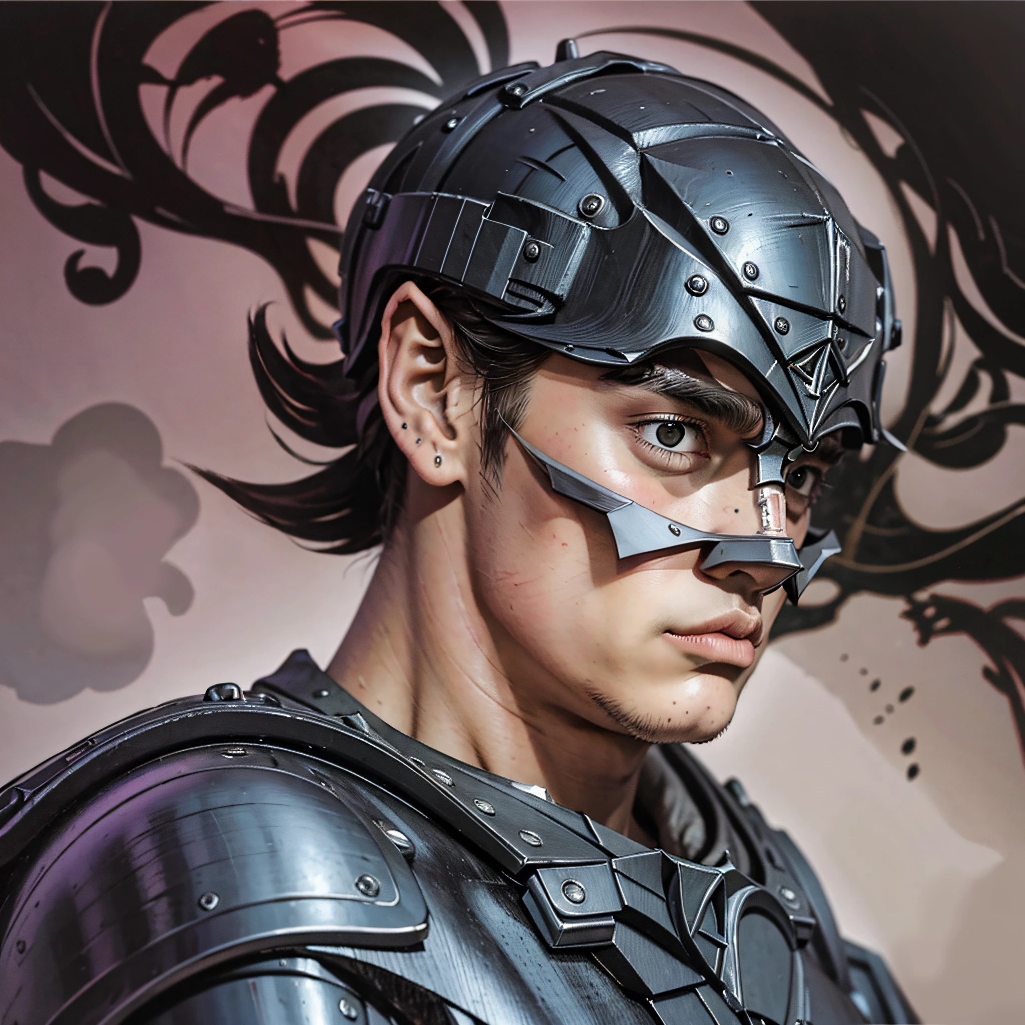 retrato de \(guts de berserk\), Obra maestra, La mejor calidad, One Boy, cabello negro, pelo corto, musculatura, Cicatrices, Ver visor, Capa negra, Gran espada, Cojinete, Fondo simple, fondo rojo, (primer plano:1.1), (Medios tradicionales), Armadura de hombro,berserk