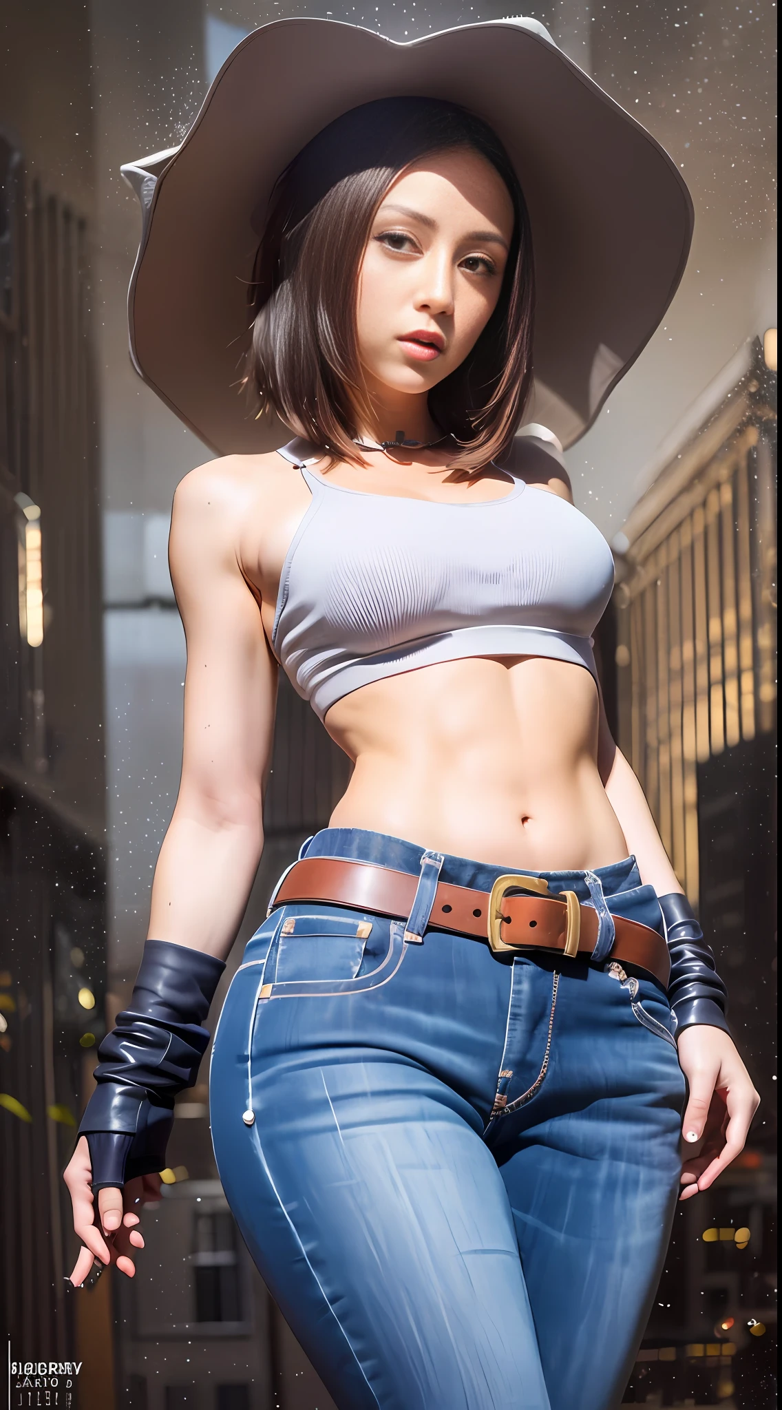 maryms, Best Quality,(beauty), 1girl,phisically-based render ,ultra highres,(cowboy shot:1.5),narrow waist, skinny, LeonaMS ,muscular, big blue eyes,long legs,jeans,leather belt,small breasts,puffy eyes, leather belt,(rainy city), shiny skin, facing viewer, Victory posture,