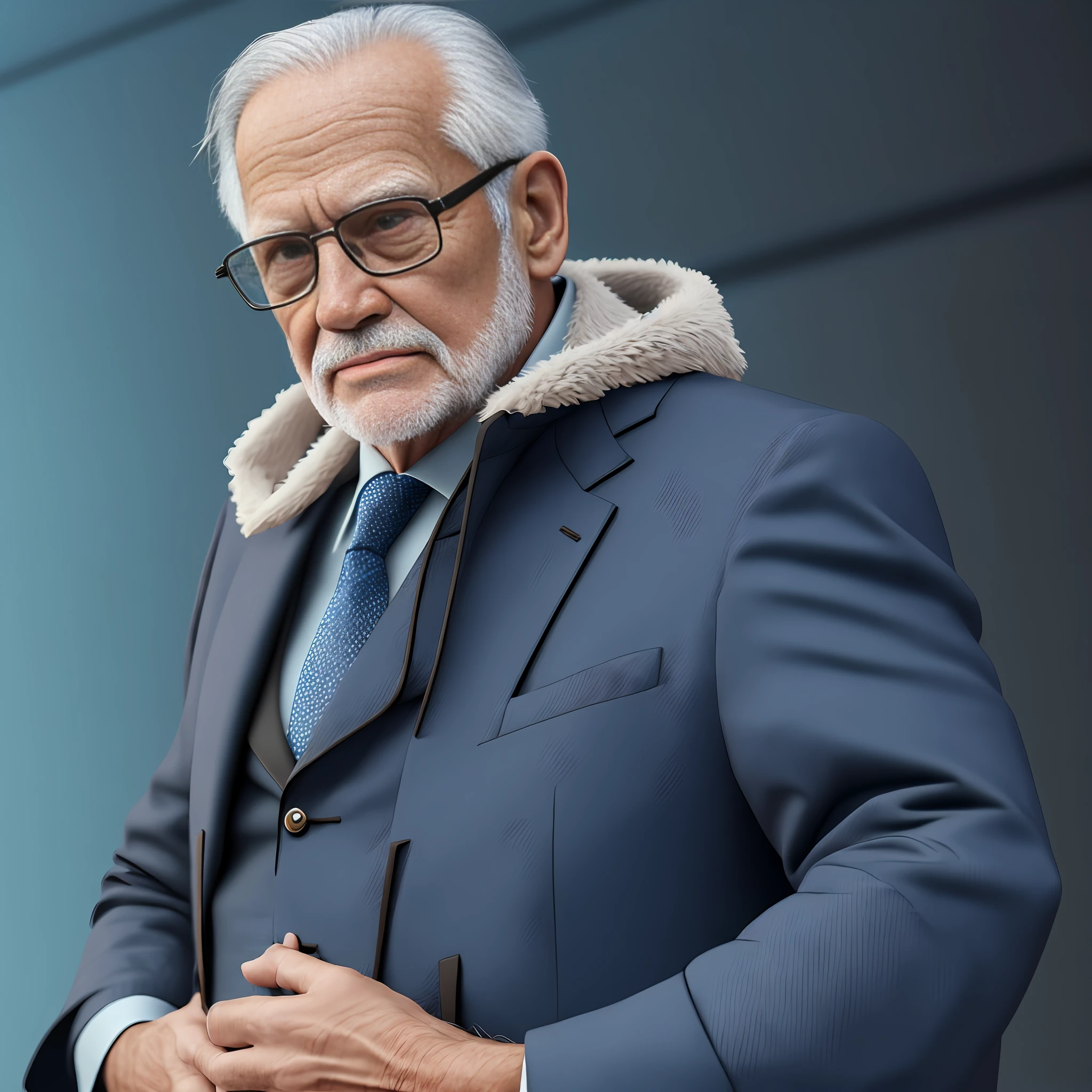 old man with glasses, jacket over all suit, dark background, black, half body hair short blue eyes, ultra realistic, 8k, high definition --auto --s2