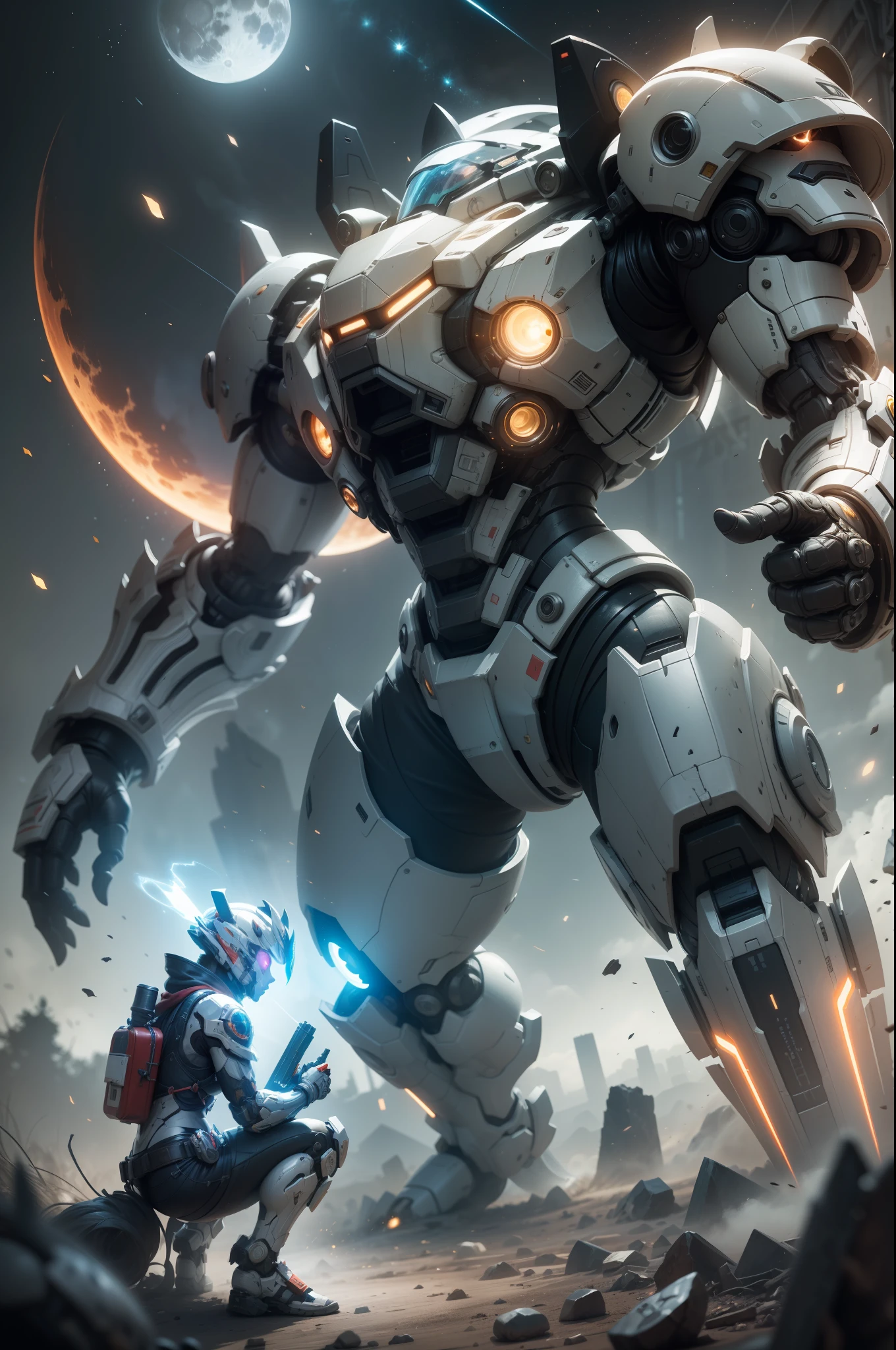 (((The girl faced the huge panda mech and sat on the ground in the center of the huge glowing magic summoning array))),((Girl close-up strengthened)),(((ultra fine))),Night,moon light,Shoot at 8K resolution,Gasoline liquid,,Lithography in intricate details,dongh(Light particles:1.2),(game concept:1.3),(deep of field:1.3),Global illumination,well detailed,Trends on ArtStation,Epic shooting,Cinematic lighting