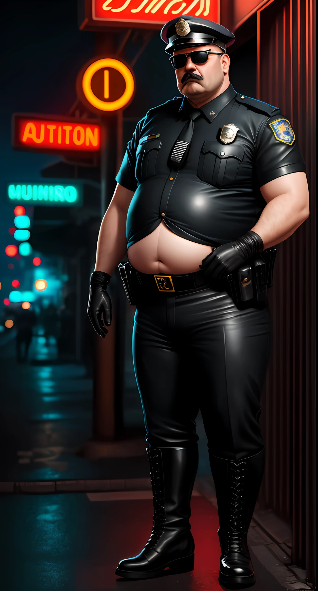 fat man, mature, 40 years old, black military hair, bulging belly, shiny leather police uniform, black mustache, sunglasses, sturdy body, long leather boots, black leather gloves, futuristic street with neon lights, realistic style, extremely detailed, best quality --auto