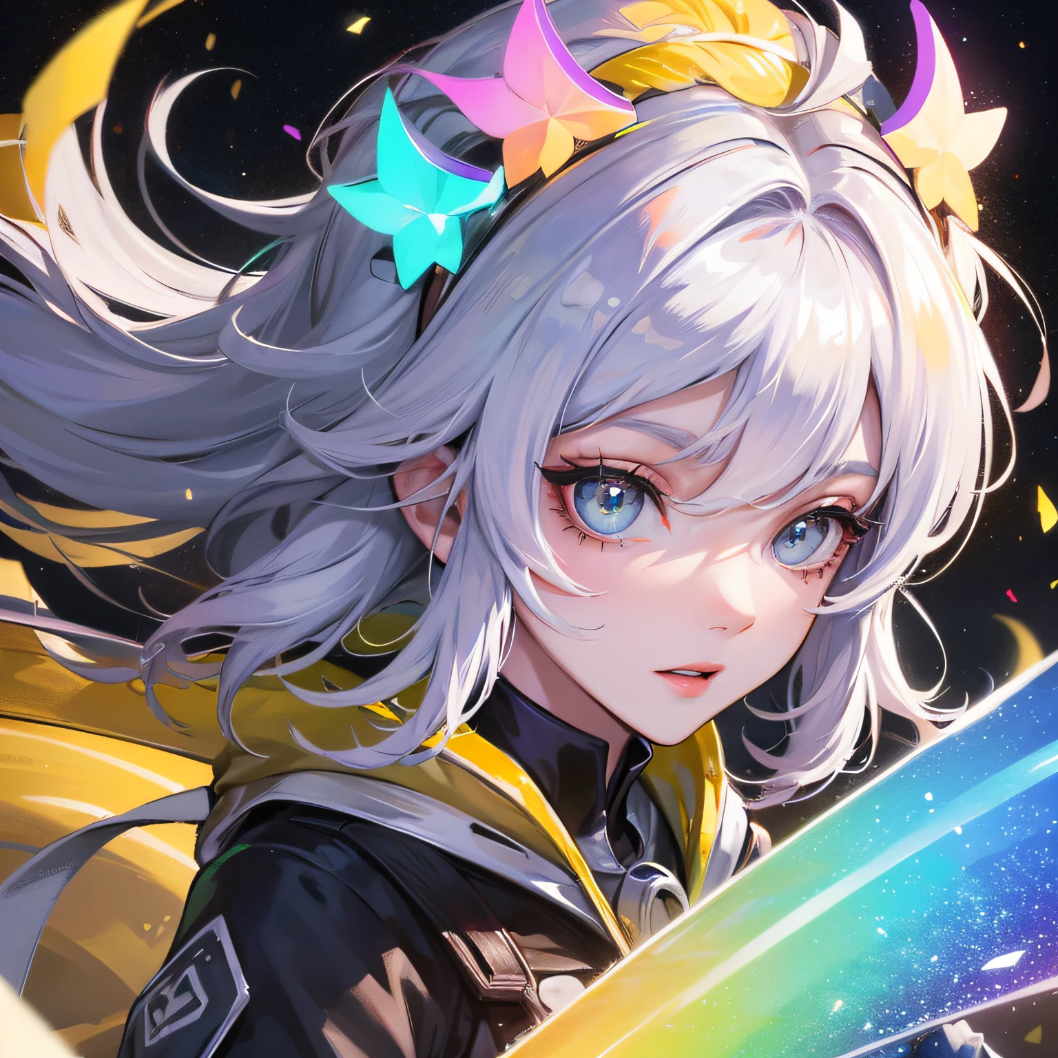 Psychedelic, intrincado, altamente detalhado, anime, 4k, menina bonita sedutora, cabelos longos e trepidantes, ((((olhos arco iris)))), olhos brilhantes, cercado por estrelas, trending on patreon, deviantart, Gorjeio, Artstation, Volumetric lighting, Reflexo da lente, belos olhos de detalhe, olhar lateral, luz colorida, particles, (Colouring: 1.5), (Hair Coloring: 1.5), clear sky, nuvens, extremamente detalhado CG unidade de papel de parede 8k, cinemac lighting, lens flare, belos olhos de detalhe, olhar lateral, luz colorida, particles, kaleidoscope,
