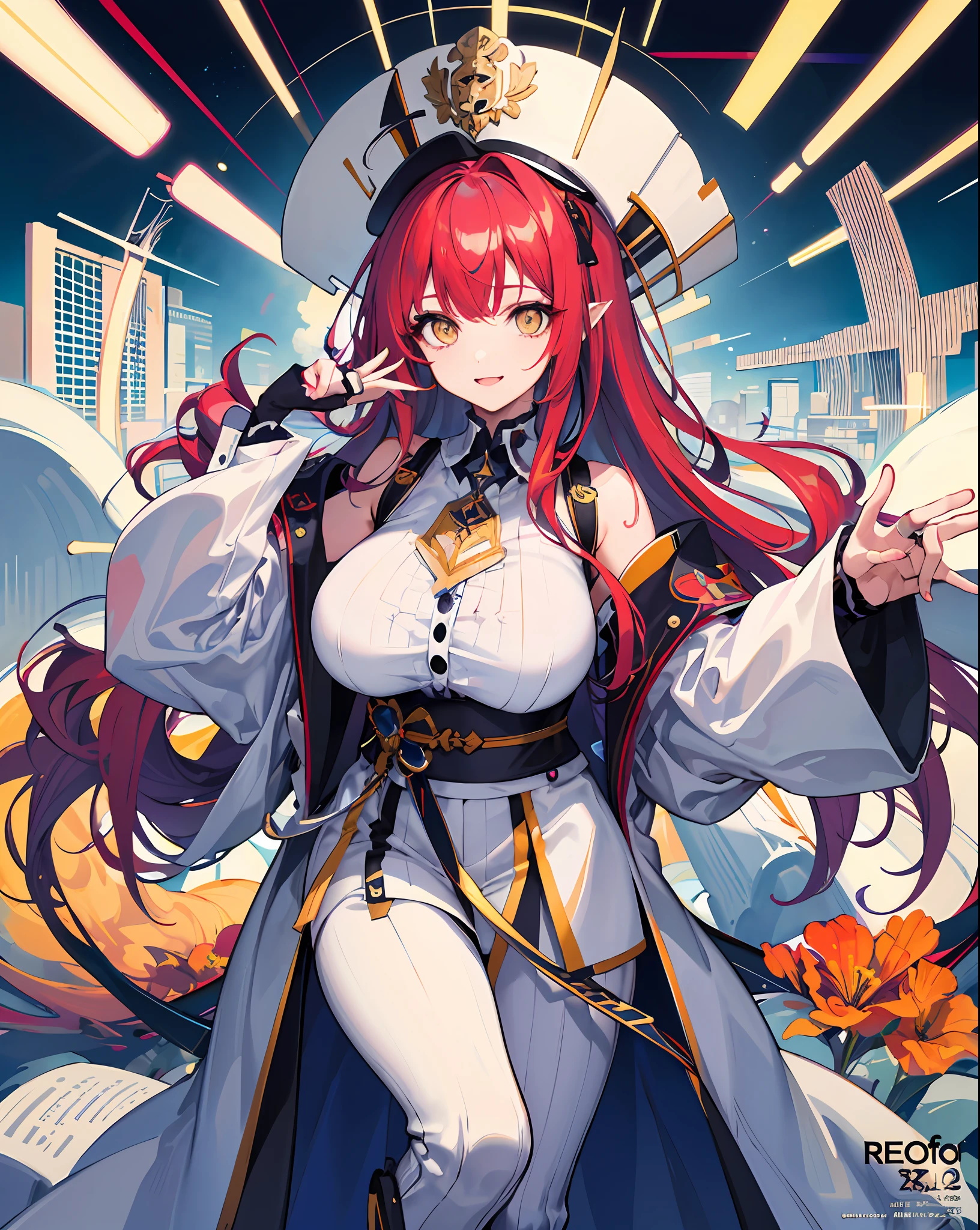 background, misto-language_text, letras japonesas em graffit ,garotas, long gradient red hair, excellent lighting, sidelighting, perfeito ultimate (cor plana: 1.3), (magazine_cover: 1.4), (multicolored_background: 1.3), striped_background, card_background, :: discs with sharp, shiny blades in hand :: circular pieces of white metals glued to the ultra detailed arms coming out of shimmering glow, desenho de estrela negra estampada no meio da camisa , perfeita e detalhada, camisa ultra detalhado com desenho abstrato e com estampa de letras japonesas em grafit dos lados da roupa, imagem de garotas com big breast, accompanied by an ultra-detailed cyborg lion, com efeitos imersivos, efeito pairar, fundo estilo grafite tatuagem tribal com flores e cores vibrantes, "hdr ultra" detalhadas e com efeito de foco, (obra-prima: 1.2, melhor qualidade), (beautiful eyes with huge finely detailed eyelashes: 1.2), , ((Solo)), (Olhos finamente detalhados e rosto detalhado :1.3), in various full-body attack poses, (fundo bonito : 1.2),traje futurista, Super detailed circular metals Grabbed on the arms and pants, Fantastic paintings,