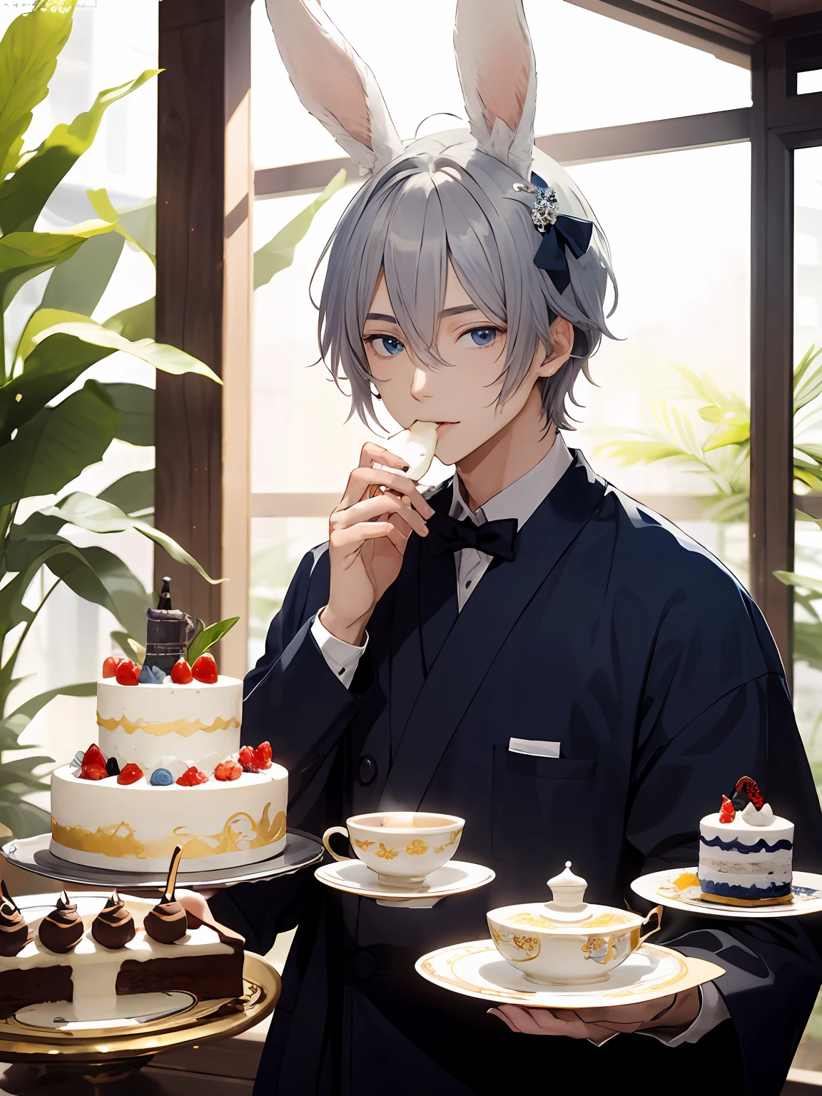 illutst、Cute Boy、Silver-haired blue-eyed rabbit ears、diadem、Fantastical、独奏、Rabbit ears、Rabbit ears、Decoration cake、Whole cakes、Fresh cream、Refreshing breeze、Lazy afternoon、Elegant tea ceremony、Eating cake、um homem、twinks、solo