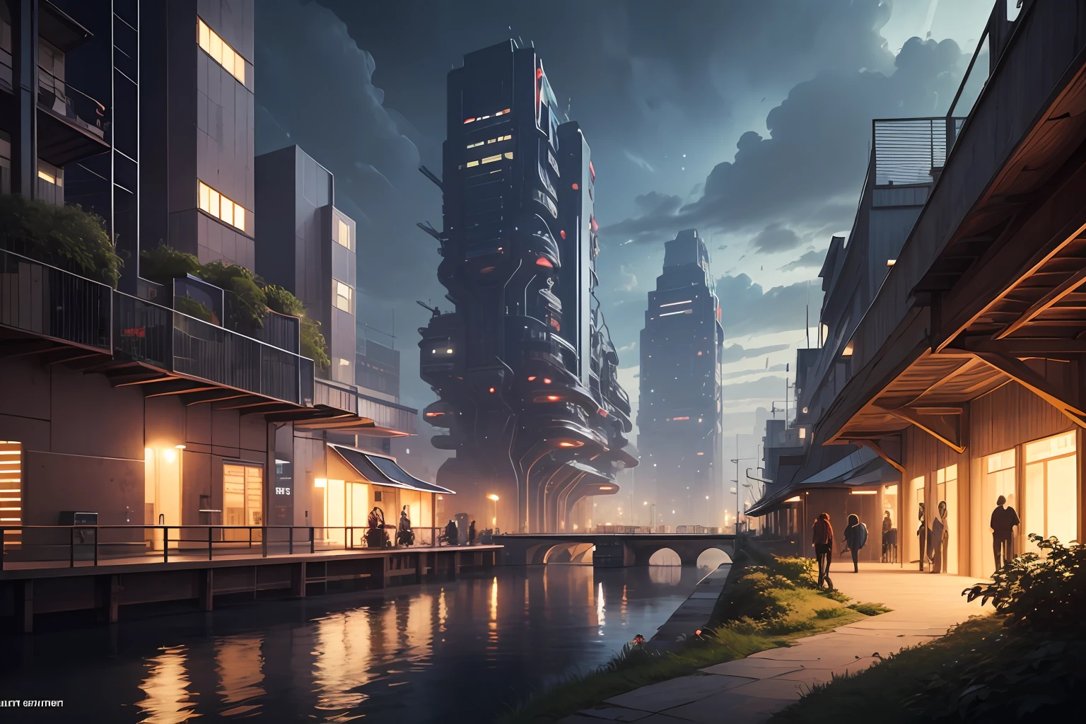 Ultramodern futuristic industrial harbour city with lush vegetation, cloudy night, studio ghibli anime --auto