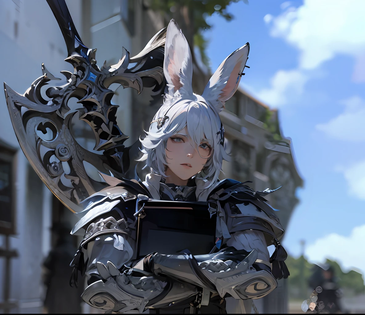 a close up of a screenshot of a male character in a video game, Bunny boy  race, Limsa ,  final fantasy 1 4 screenshot, final fantasy 14 sharp, final fantasy 14 style, tranding on pxiv, final fantasy 1 4, ffxiv heavensward, ffxiv, final fantasy xiv, an epic majestical degen trader, a massive celestial giant god, trending on pxiv, cover ears with hair