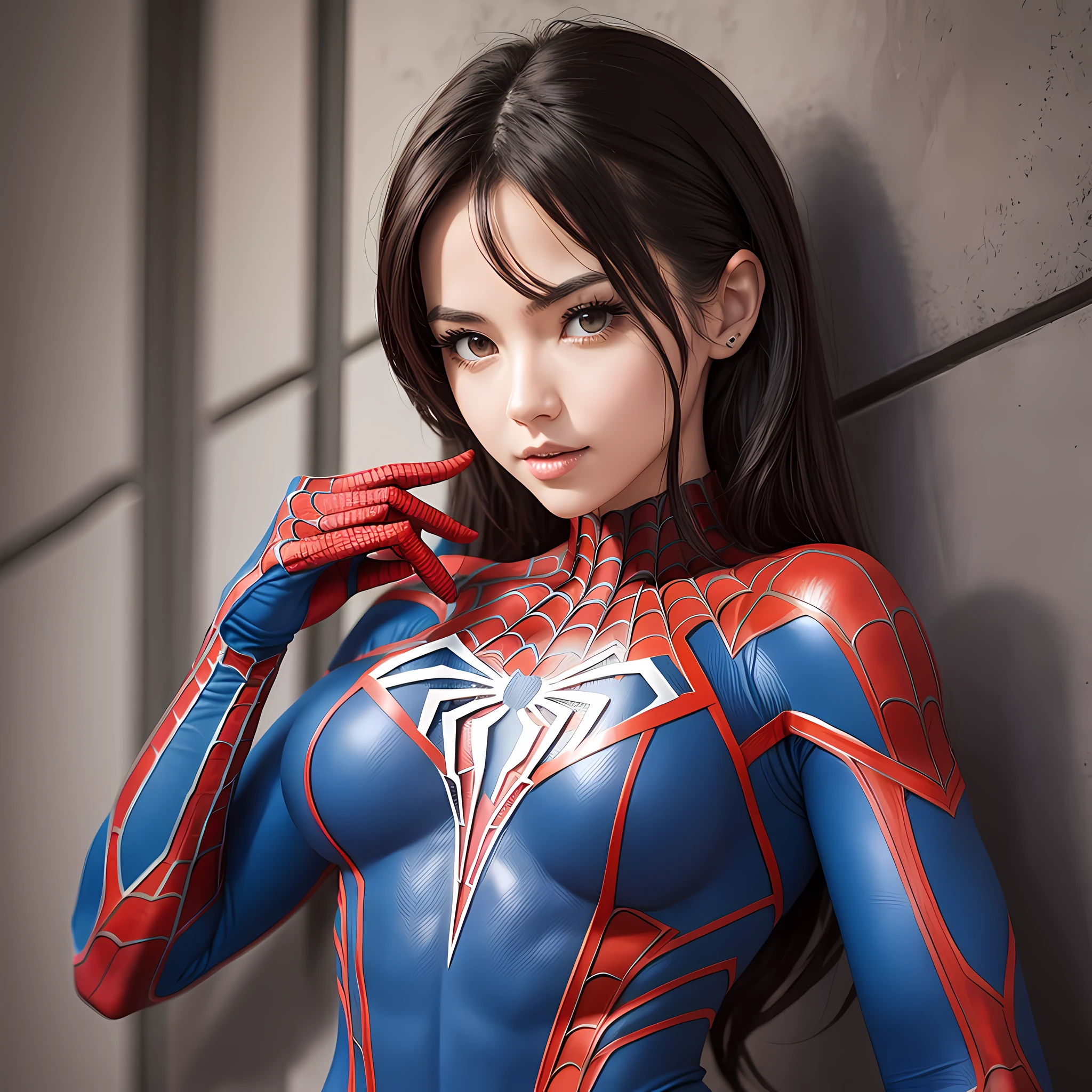 ((night, Realistic lighting, best qulaity, 8k, The Masterpiece:1.3)), 1girl, Beautiful woman with a slim figure:1.4, Abs:1.1, (Brown-haired, medium tits:1.3), Long pink sweater:1.1, bathroom,Ultra-fine face,exquisite eyes,Double eyelid,Smile with,gargantilha,Spider man,pop-art