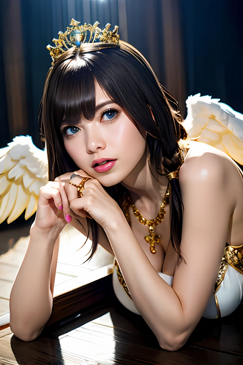 Ultra-detailed complex 3D rendering of the face, (Colossal: 8.8), (masterpiece, top quality, octane rendering, 8K), glamour shot full body image, cleavage, (highly detailed skin: 1.2), (exposure: 1.1), (blonde), (wearing a plummet tank top of gold silk: 1.5)), brown hair, one, long braided hair, big breasts, dynamic angle, mystical expression, Ultra-realistic photos, ((portrait)))), bare feet, futuristic city background, facial muscles, detailed and beautiful queen tiara, in the style of Marvel Comics, clear focus, studio photography, intricate detail, highly detailed, detailed yellow eyes, sharp focus, digital rendering, professional, abs, ((((sexy pose)))), natural jungle, Lightly open mouth, mansuji, crotch, seductive expression, angel ring, detailed angel wings, angel ring, detailed and clean mouth, detailed jewelry necklace, perfect body beauty: 1.4, shining light particles, buttocks, beautiful legs, very ridiculous,