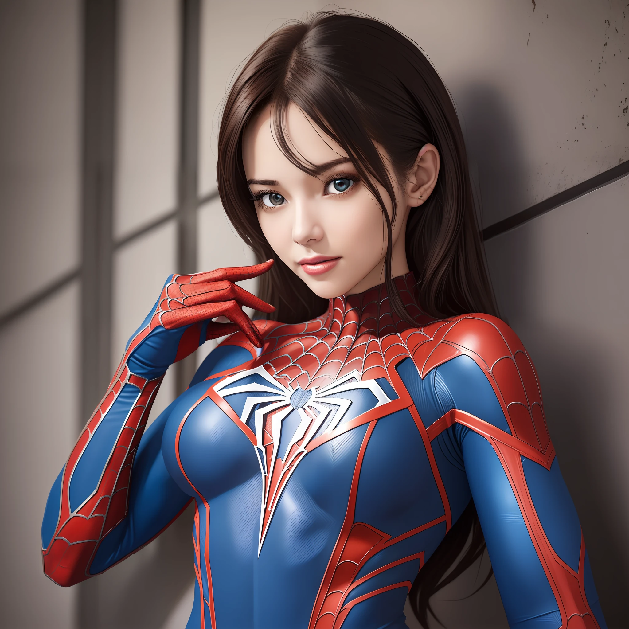 ((night, Realistic lighting, best qulaity, 8k, The Masterpiece:1.3)), 1girl, Beautiful woman with a slim figure:1.4, Abs:1.1, (Brown-haired, medium tits:1.3), Long pink sweater:1.1, bathroom,Ultra-fine face,exquisite eyes,Double eyelid,Smile with,gargantilha,Spider man,pop-art
