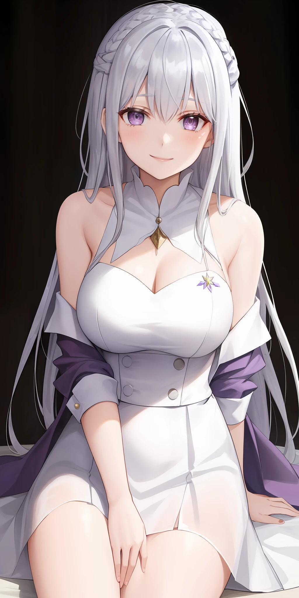 best possible quality，highly detaild，The Masterpiece，ultra - detailed，（fidelity：1.2），1girl with big breasts，exquisite eyes，Silvery hair，purple  eyes，Hair_decorations，（White off-the-shoulder shirt：1.3），Long hair，，crown braid，Sweet smile，Straight hair，Giant tits，On the campus grass，Attracted a group of male classmates