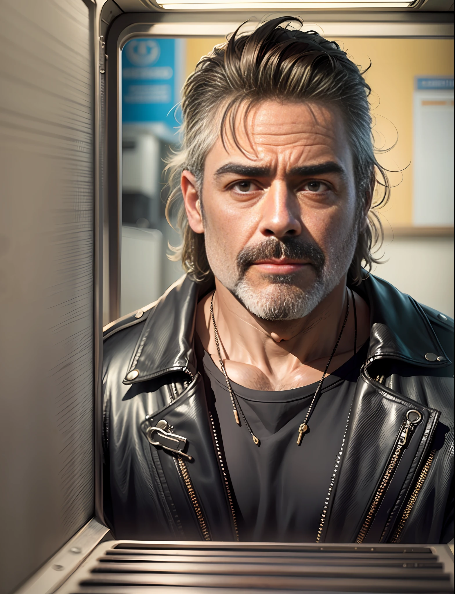 Um retrato fotografia de corpo inteiro Um motorista de caminhoneiro pesado de meia idade atrativo, Jeffrey Dean Morgan, musculoso, cabelo curto grisalho, jaqueta de couro , fisiculturista de barriga grande, black leather pants, epic realistic, foto, desbotado, cores neutras, ((((hdr)))), cores mudas, cena cyberpunk, detalhes intrincados, vinheta --auto --s2