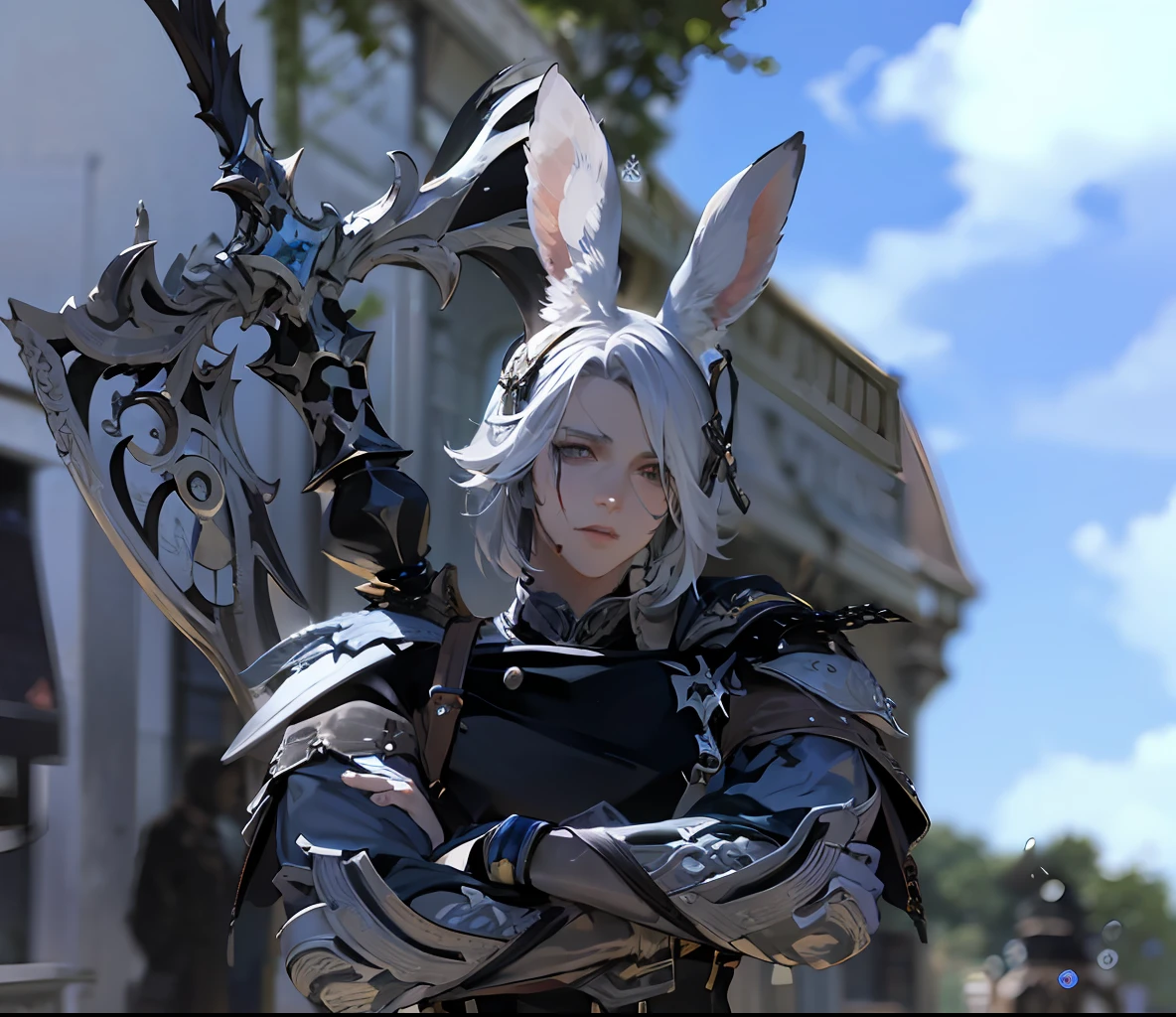 a close up of a screenshot of a male character in a video game, Bunny boy  race, Limsa ,  final fantasy 1 4 screenshot, final fantasy 14 sharp, final fantasy 14 style, tranding on pxiv, final fantasy 1 4, ffxiv heavensward, ffxiv, final fantasy xiv, an epic majestical degen trader, a massive celestial giant god, trending on pxiv, cover ears with hair