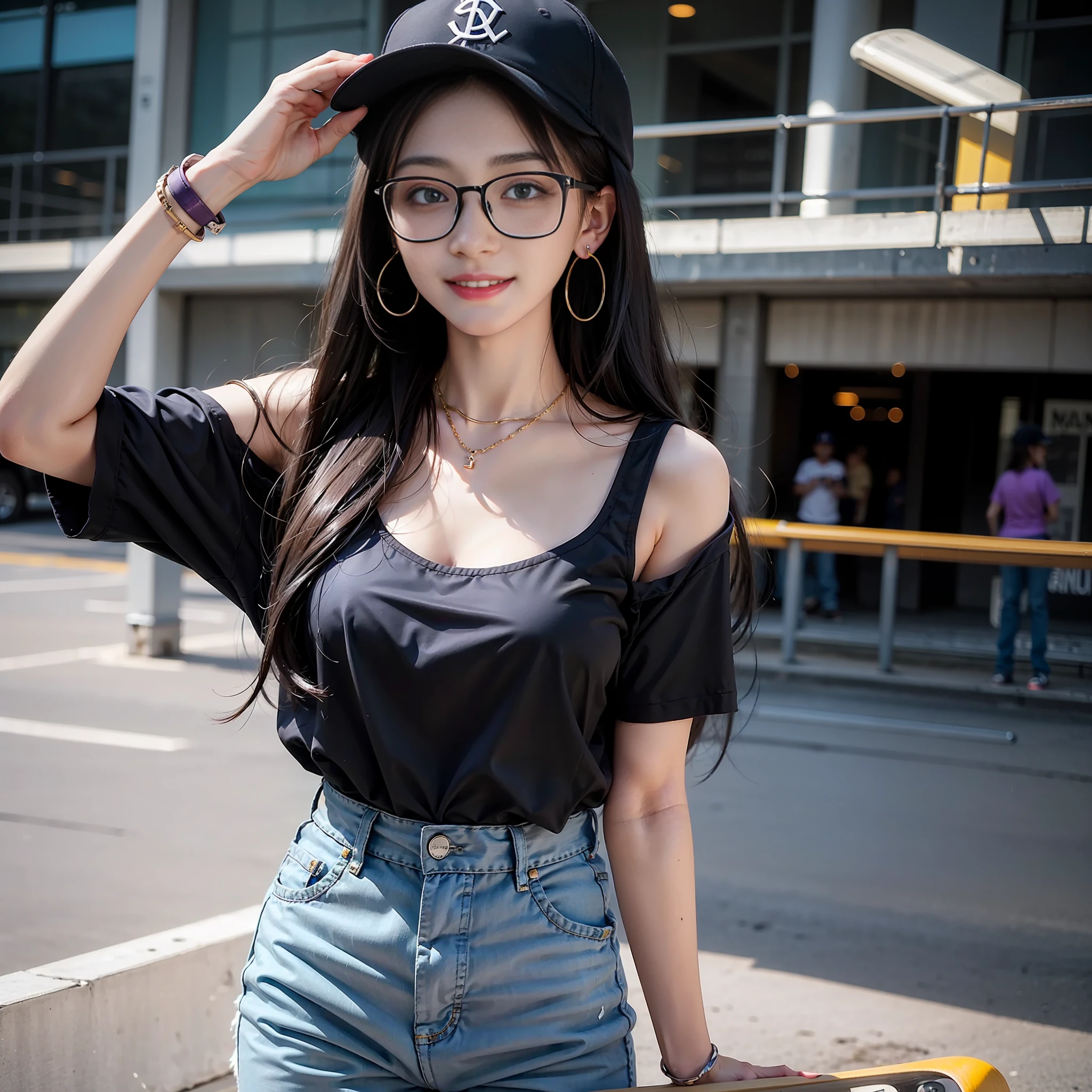 girl with long black hair,Cute hair card,Round earrings,Smile with,big eyes,Round-rimmed glasses,skateboard,baseball cap,Blue-purple top