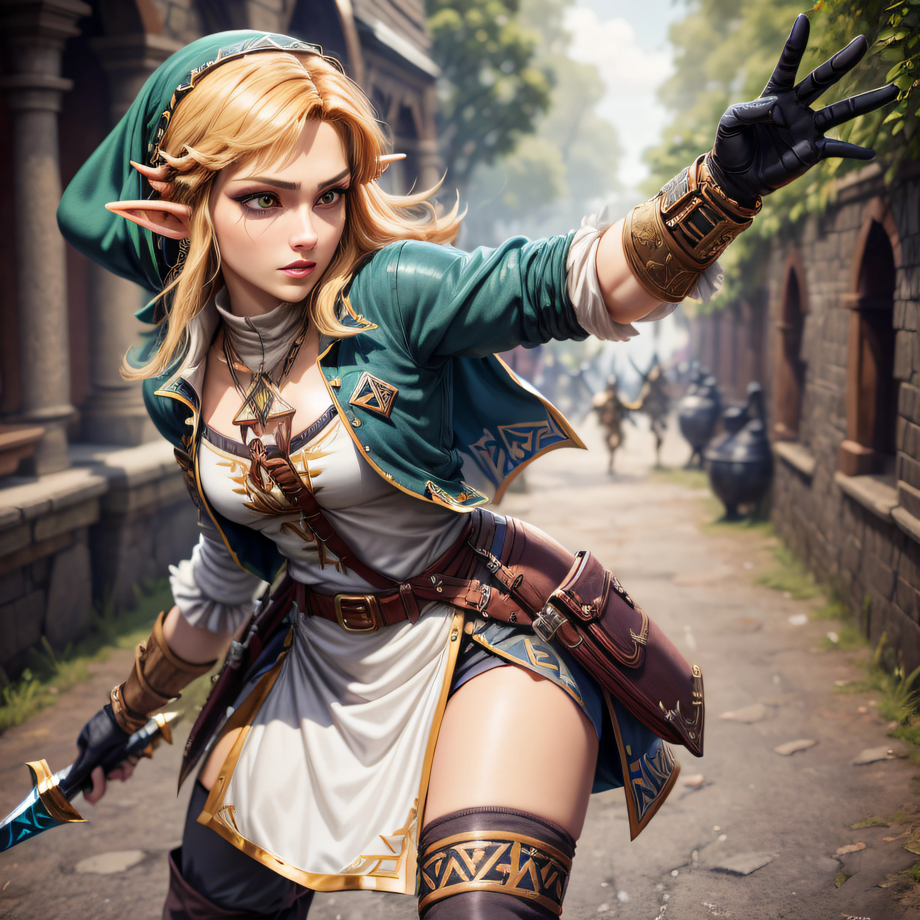 Mulher de cabelos loiros em roupa azul e bege segurando uma espada, Zelda, Retrato de Zelda, de legend of Zelda, Link de The Legend of Zelda, link de Zelda, foto Cosplay, Cosplay ornamentado, Cosplay profissional, Cosplay, Cosplay completo, Artgerm Moody Fotografia, Princesa Zelda, Zelda com Triforce, Hyrule, Anime Garota Cosplay, raytracing, ray tracing, ray-traced, 4k, 3d render, extremanente detalhado, alta qualidade, luz e sombra realistas,