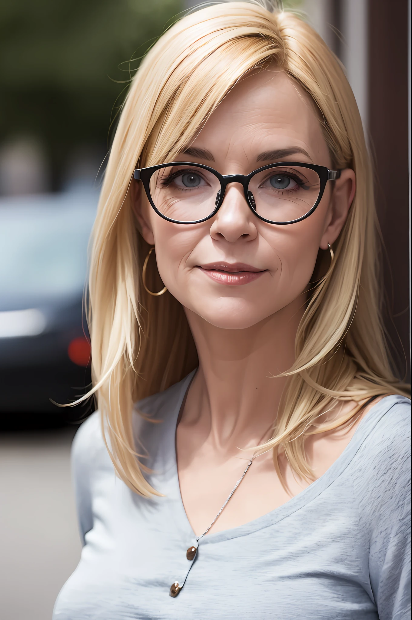 Middle-aged woman with blond hair wearing white-rimmed glasses,sharp focus , UHD, 8K