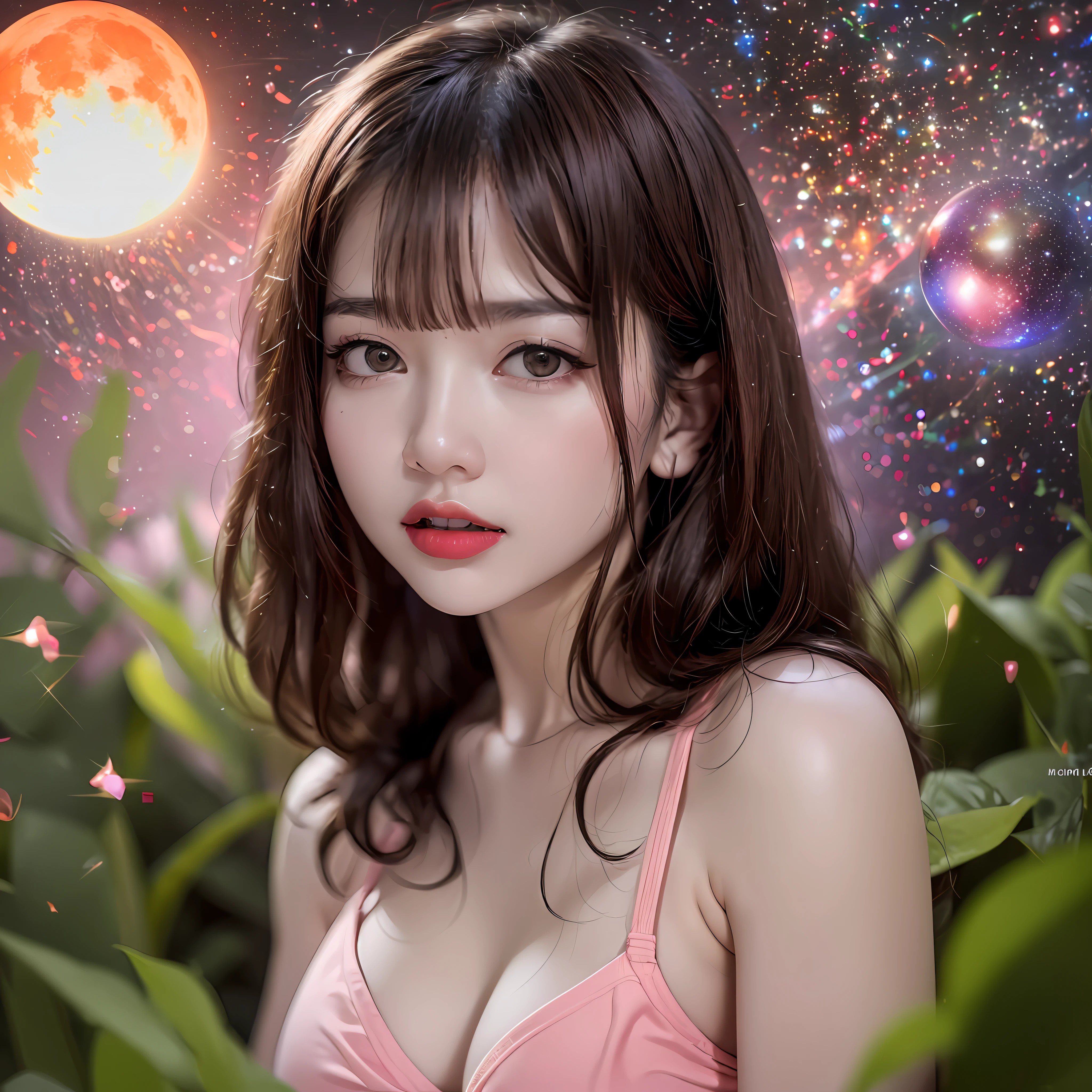 8k, 1girl, beautiful face, ((white eyes)), sexy pose, Red moon in the background, stars, space, (lightroom:1.13), soft light, (natural skin texture:1.2), (hyperrealism:1.2), sharp focus, focused, mini bra, medium breast and body abs, pink lips, full body :1.5,