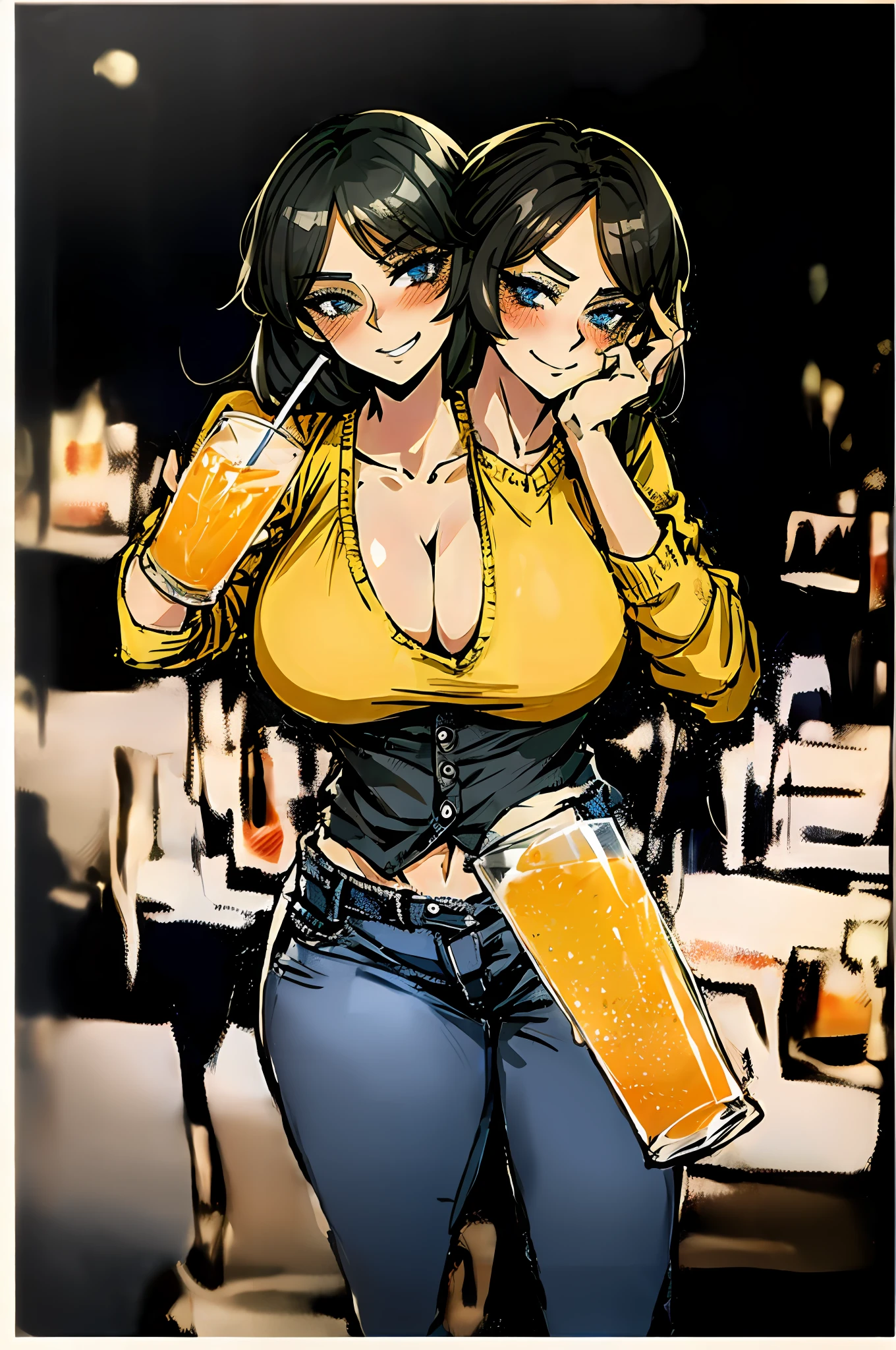 2heads, a short woman with two heads, two arms, two legs. She has enormous breasts. One head is drinking a drink. Both heads are blushing. She appears drunk. She has two heads and massive breasts. She is wearing a sweater and jeans. Flirtatious, drunk, massive boobs.