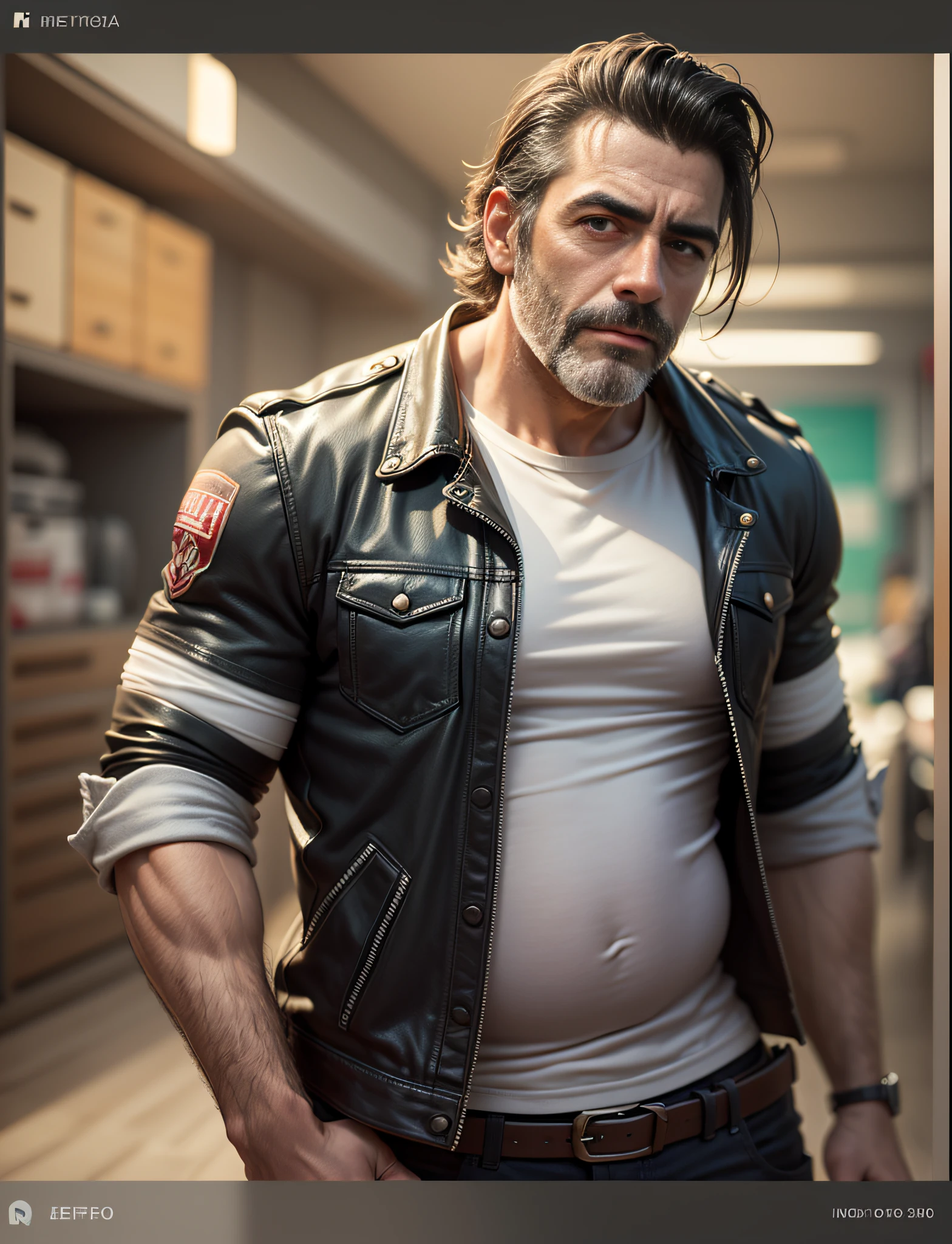 Um retrato fotografia de corpo inteiro Um motorista de caminhoneiro pesado de meia idade trativo, Jeffrey Dean Morgan, musculoso, cabeludo fisiculturista de barriga grande, black leather pants, epic realistic, foto, desbotado, cores neutras, ((((hdr)))), cores mudas, cena intrincada, artstation, detalhes intrincados, vinheta --auto --s2
