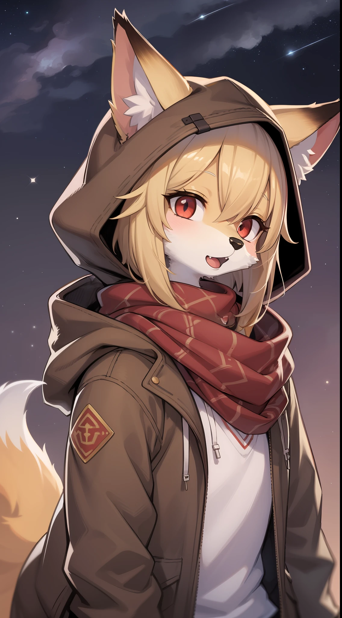 Fox Boy，Boy，was hairy，shaggy，Smoothes lashes，Skin fur，Golden fur，Short hair in men，Forelimb hands， solid circle eyes，Golden ears，Golden face fur , Short blonde hair，Red eyes，Super cute face，Brown elements on fur，Brown hooded jacket brown hood up，Ambient light，Ultra-fine fur，volumettic light，Night,natural day light，fox tails，Fluffy tail，furries wearing tails，Big tail，nevando，Night，starry skies，seawall，crossed bangs, hair strand, Shiny hair，Open your mouth slightly，Empty eyes，35mm，sharp talons。High quality, high detailled, Best quality, Ultra HDR， Dark brown gloves，Red diamond scarf，独奏