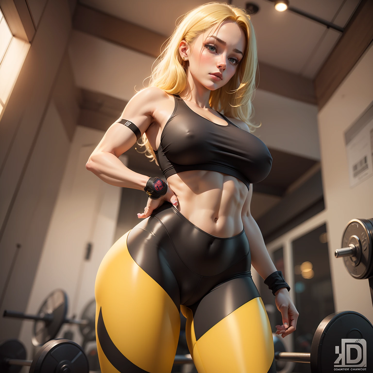 1 girl, blonde hair, yellow legging pants, big ass, petite, big boobs,, cameltoe, gym, tight body clothing, HD high definition detailed realistic, 3d