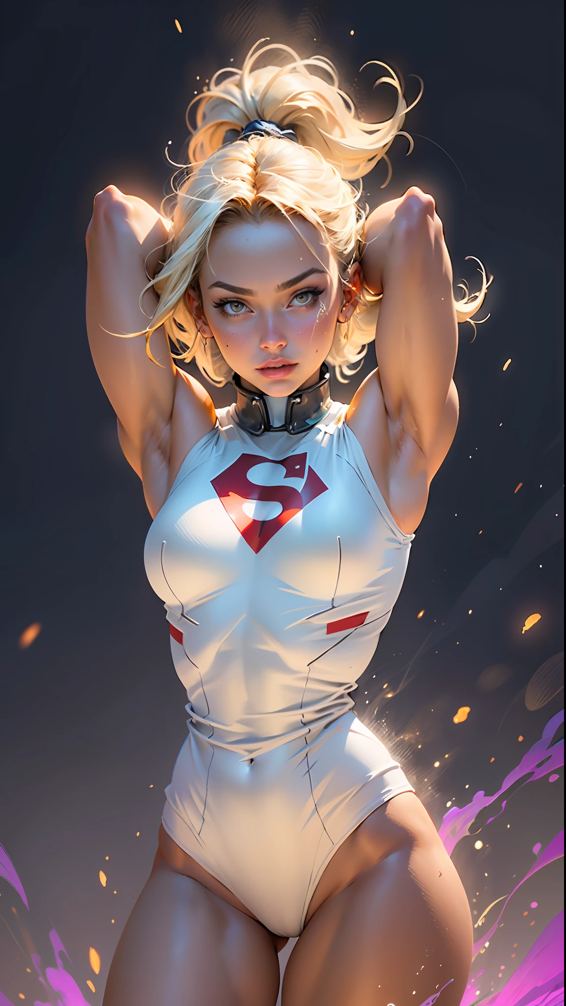 "((better quality, better lighting)), beautiful Powergirl with athletic body, accented and highlighted breasts, dynamic pose, colorful background, high saturation, vibrant lights."