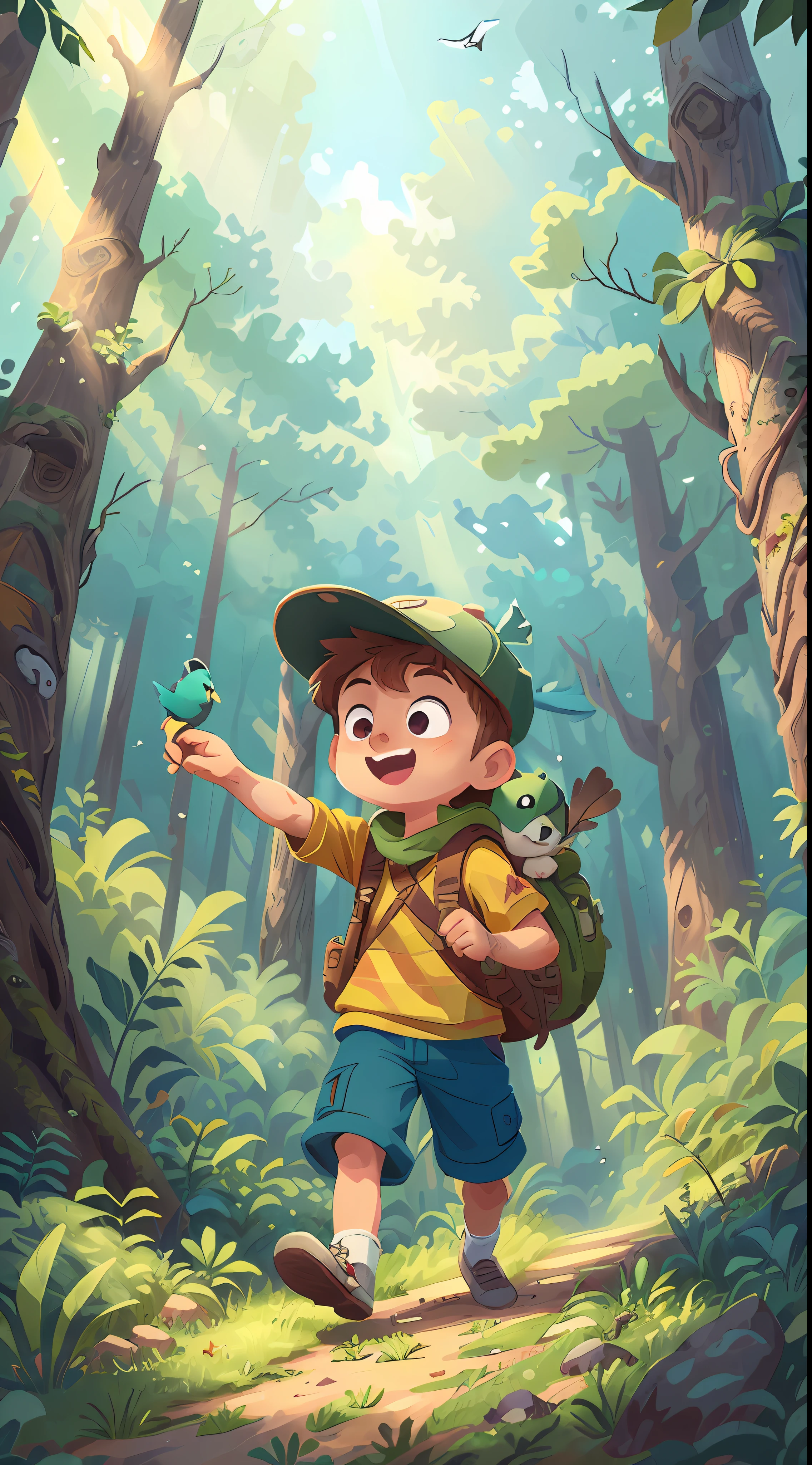 Open forest, (masterpiece art drawing, 1 adventurous boy, happy excitement, fearless(detailed enhanced animation), hat, adventure clothing. Animal( detailed masterpiece), forest, birds (realistic), sunlight, clouds, open field.